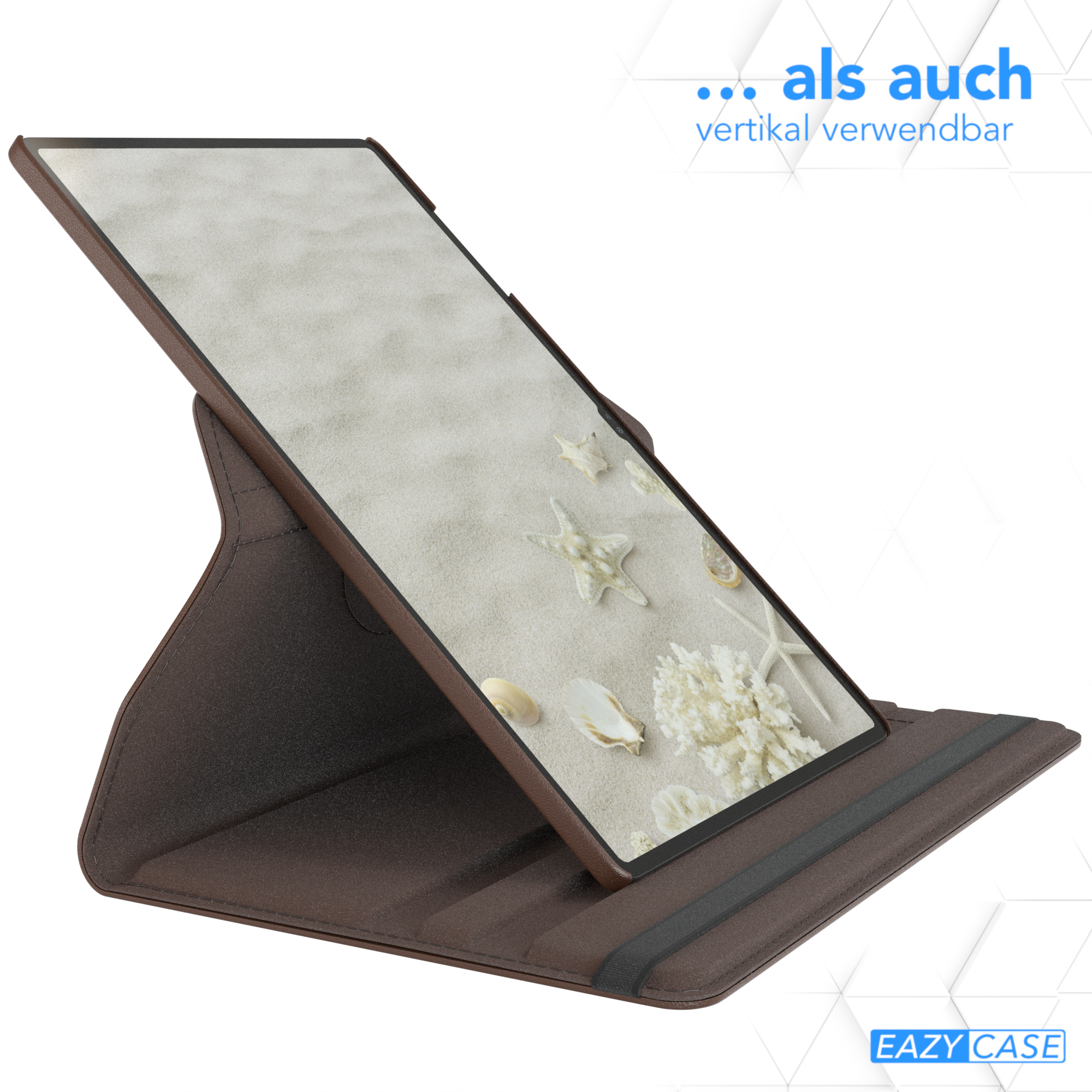 Tablet in brauner Hülle, vertikale Anzeige einer Strandszene.