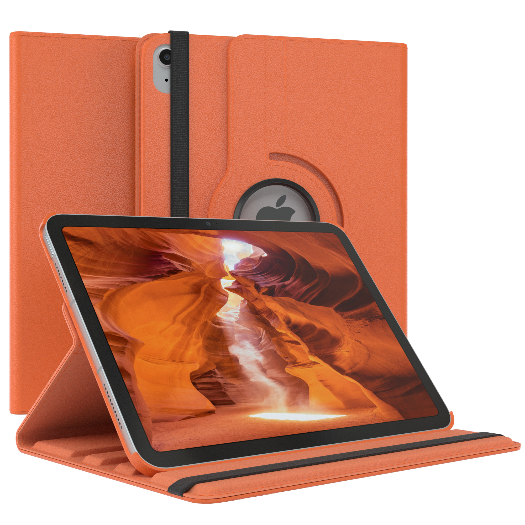 Orangefarbene Tablethülle mit geöffnetem Tablet. Canyon-Szene auf dem Bildschirm. Schwarzer Riemen.