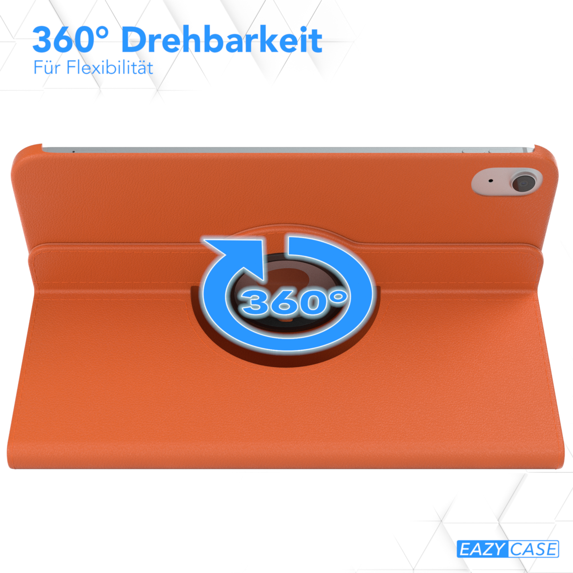 Orange Tablet-Hülle mit 360°-Drehsymbol, auf weißem Hintergrund.
