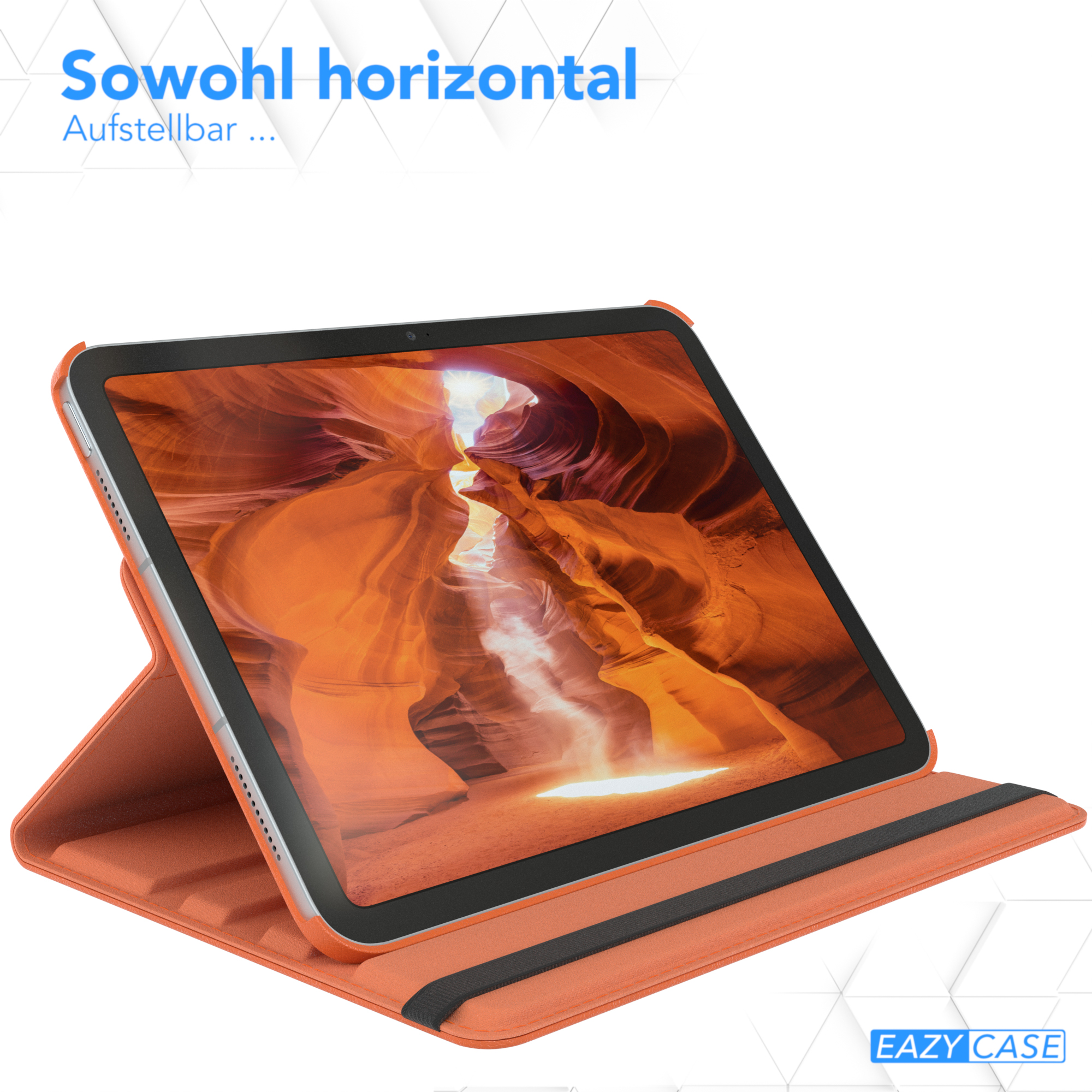 Orangefarbene Tablethülle mit einem Tablet darin. Die Hülle kann horizontal verwendet werden.
