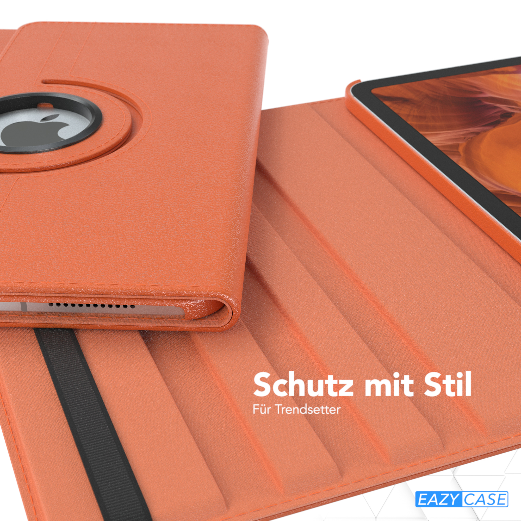 Orangefarbene Tablethülle mit Drehfunktion. Das Tablet ist geöffnet und zeigt einen Bildschirm. Der Hintergrund ist orange.