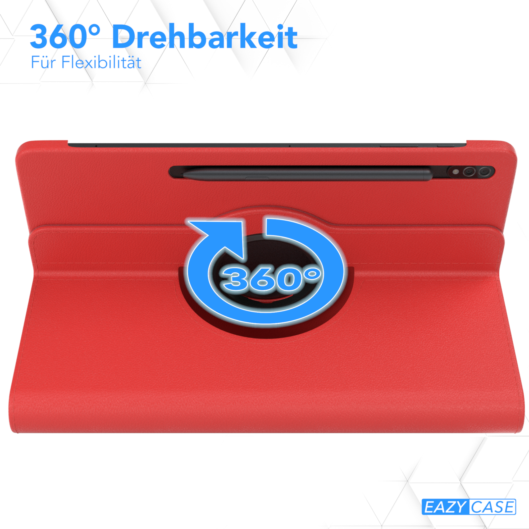 Rote Tablethülle mit 360-Grad-Drehung. Die Hülle ist rot und der Pfeil zeigt die Drehung.