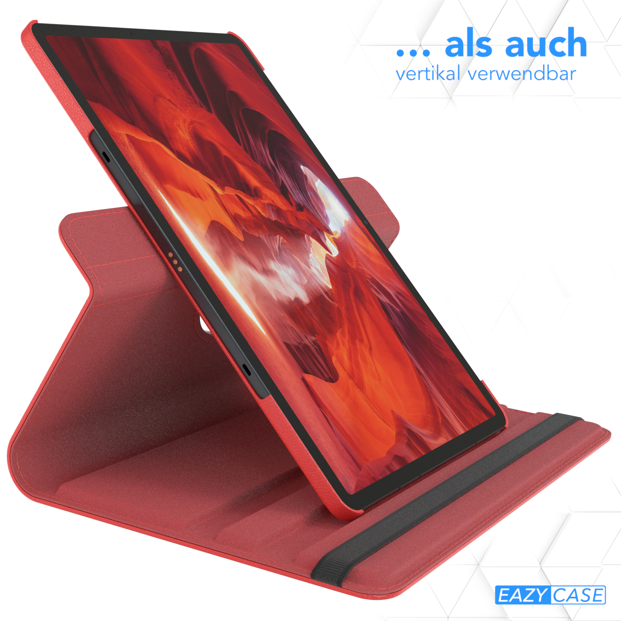 Ein rotes Tablet in einer Hülle, aufrecht stehend. Der Hintergrund zeigt eine rote Oberfläche.