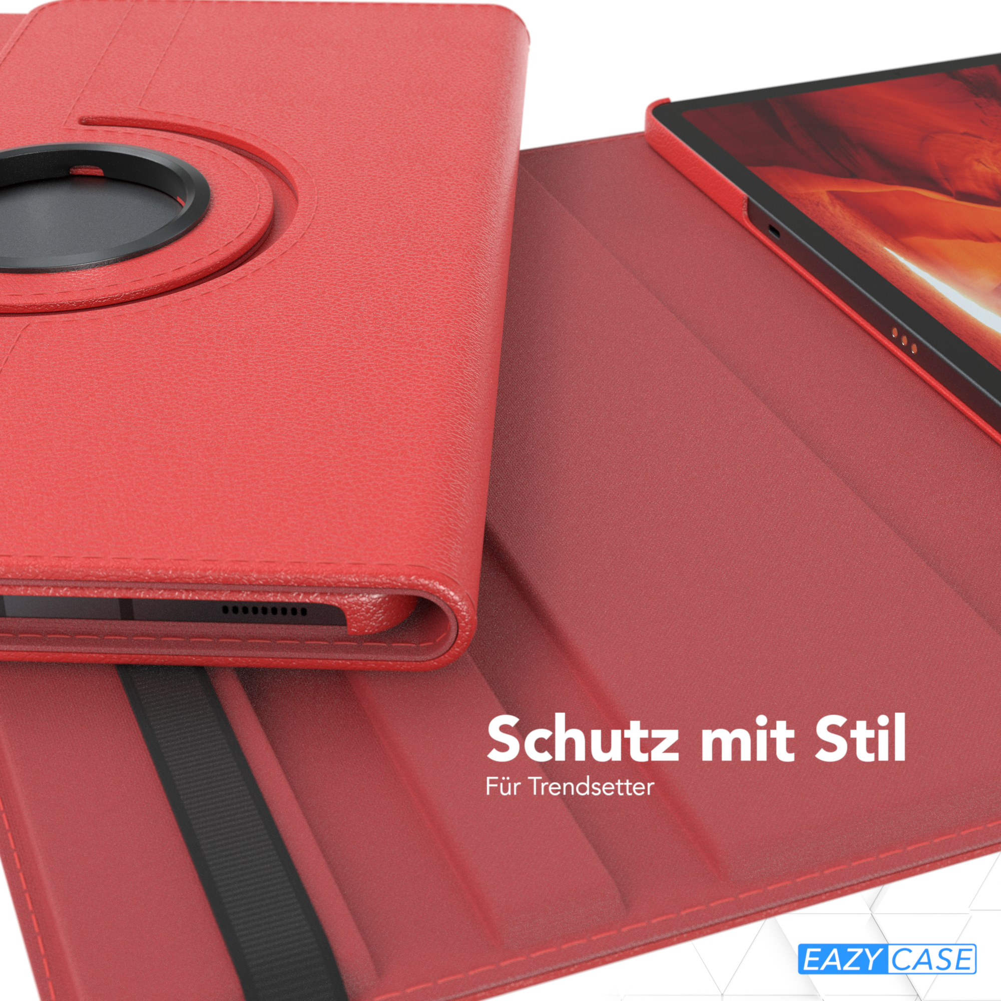 Eine rote Tablethülle, geöffnet. Sie hat einen schwarzen Riemen und einen schwarzen Kameraring. Der Bildschirm ist sichtbar.