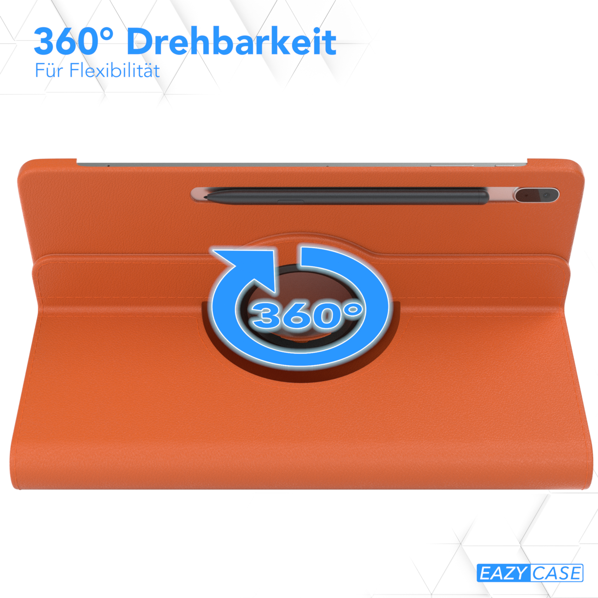 Orangefarbene Tablethülle mit einem Tablet darin. Die Hülle kann um 360 Grad gedreht werden.