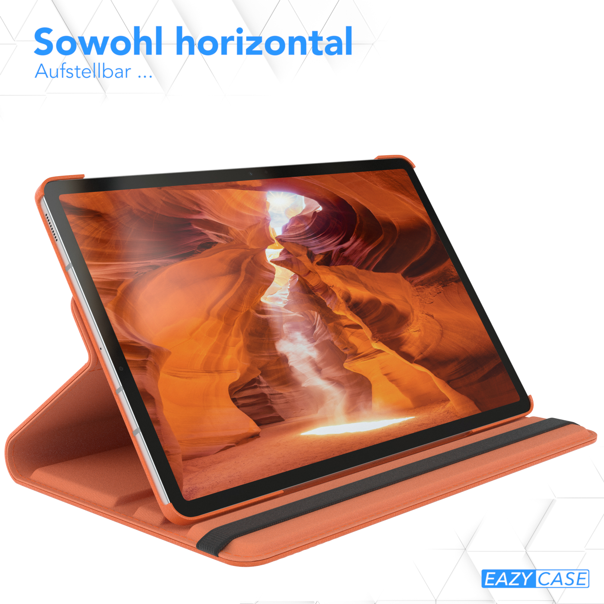 Orangene Tablethülle mit Tablet, in einer Schlucht. Das Tablet ist aufgestellt.