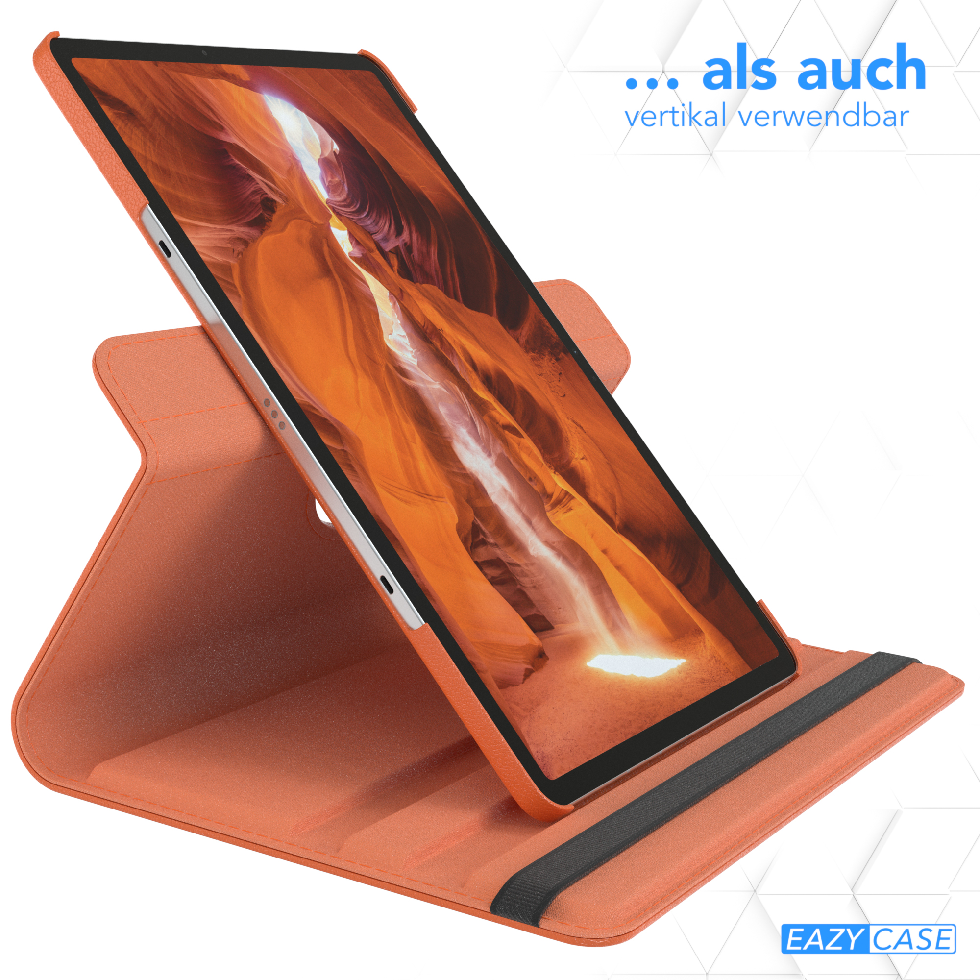 Eine orangefarbene Tablethülle wird angezeigt. Das Tablet wird von der Hülle gehalten, um vertikal verwendet zu werden.