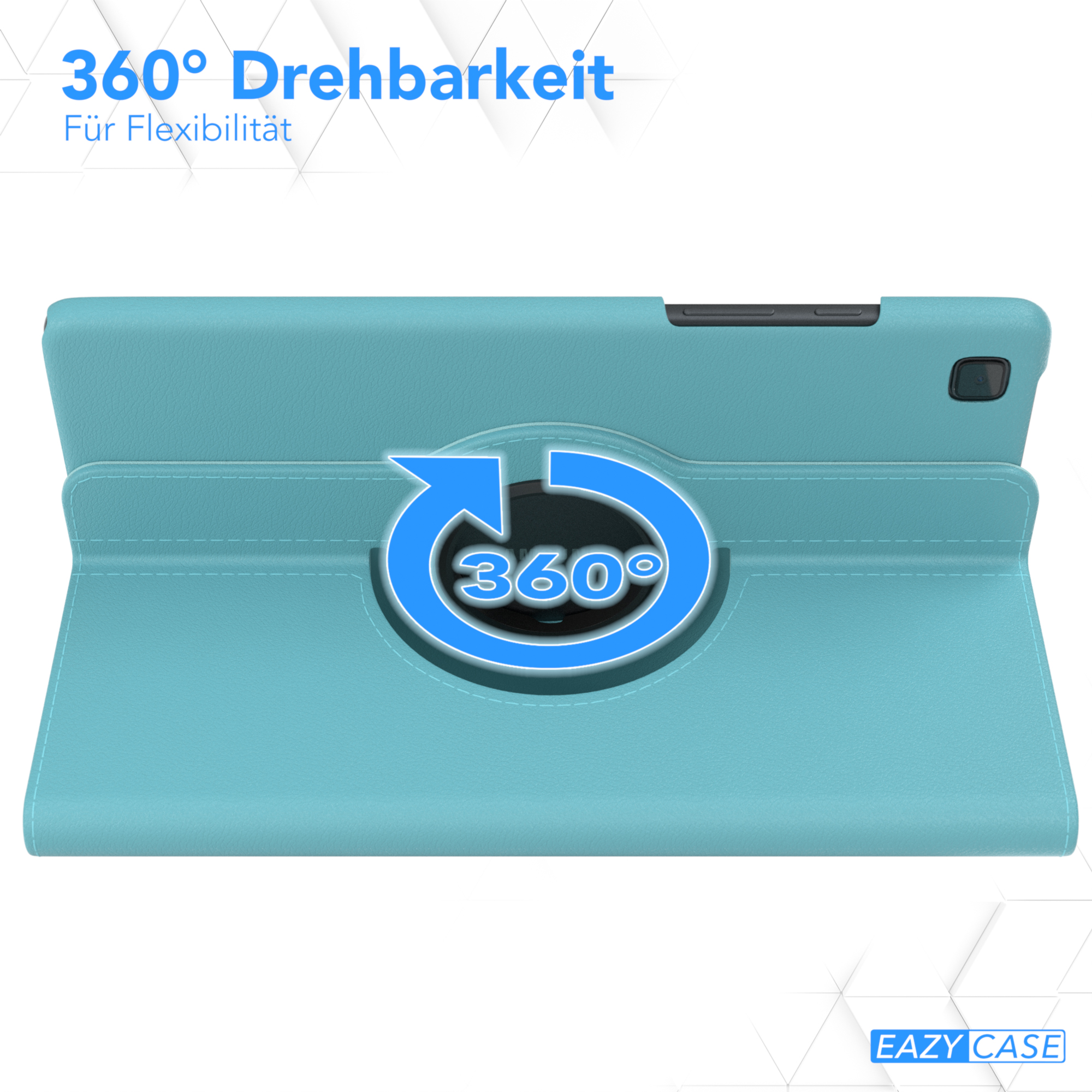 Türkisfarbene Tablet-Hülle mit 360-Grad-Drehung und Ständer.
