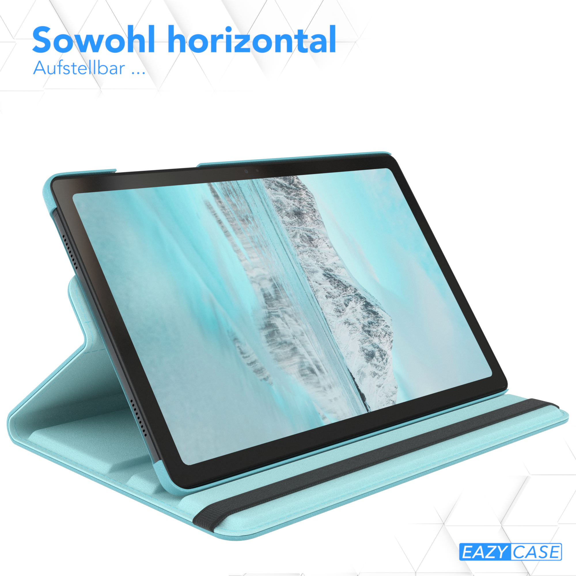 Blaue Tablethülle mit Bildschirm. Der Bildschirm zeigt ein Schwarz-Weiß-Bild. Weißer Hintergrund.