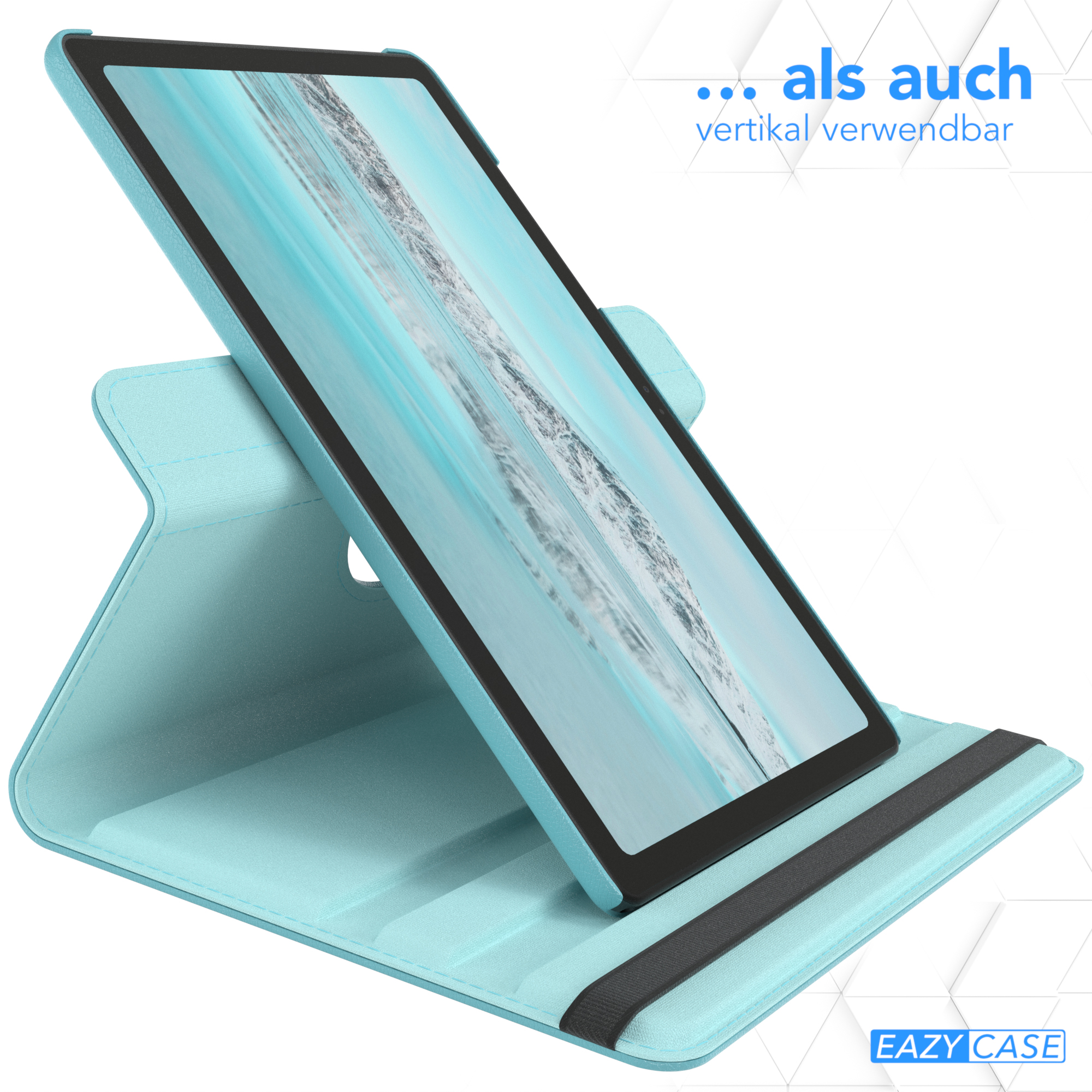 Ein blaues Tablet in einem Ständer. Der Bildschirm zeigt eine Wasserszene.