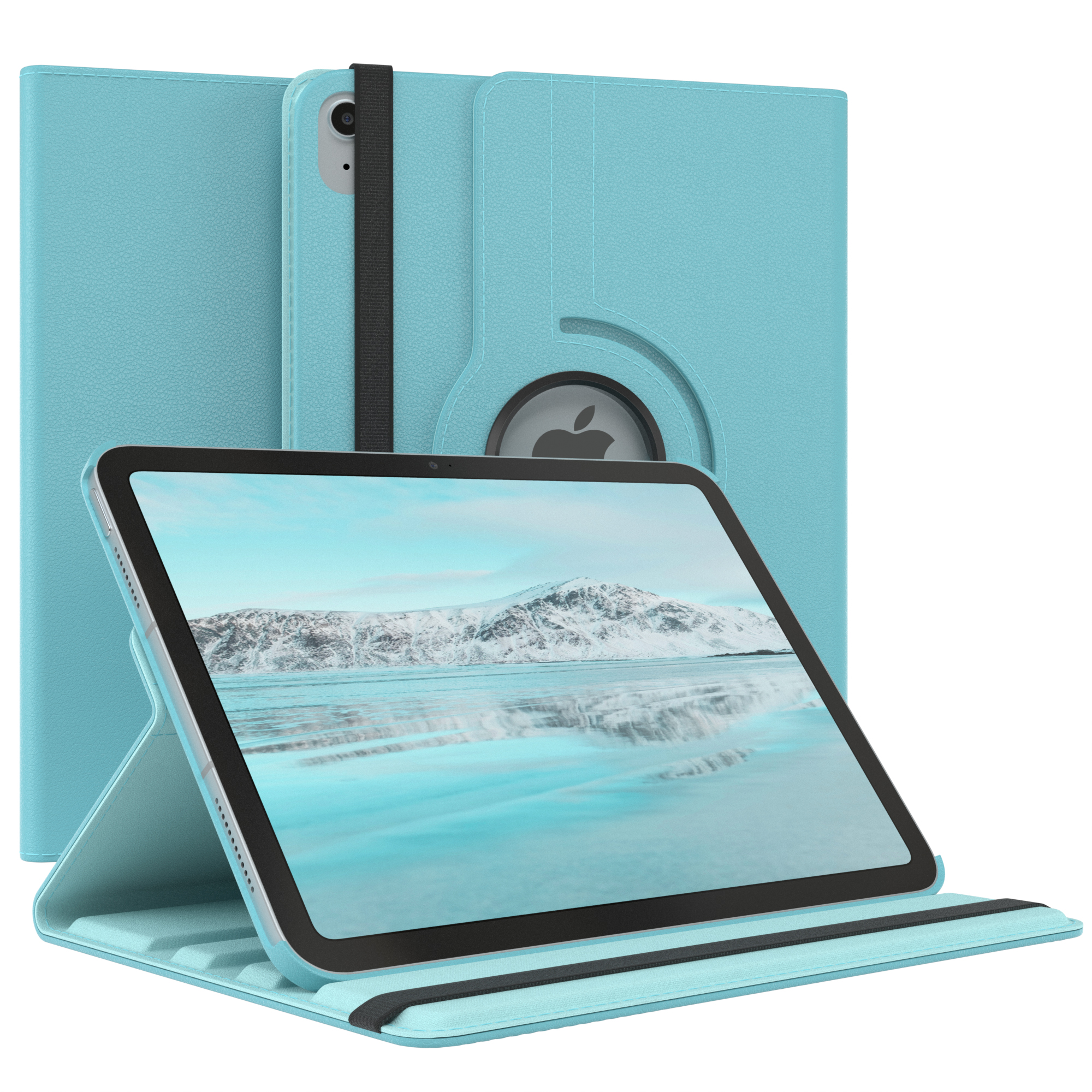 Blaue Tablethülle mit Tablet. Weißer Hintergrund.