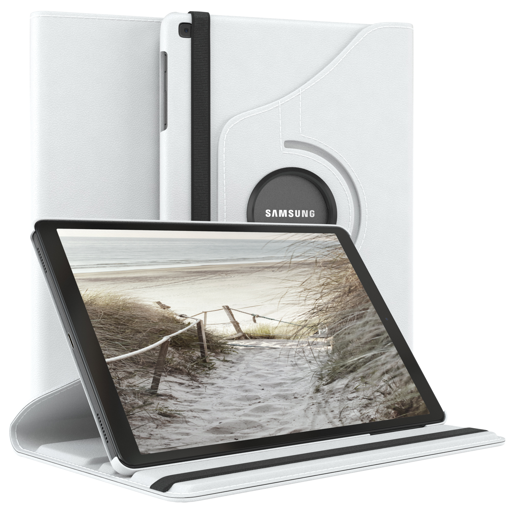 Weiße Tablet-Hülle mit Strandansicht auf dem Tablet. Eine Hülle dahinter.