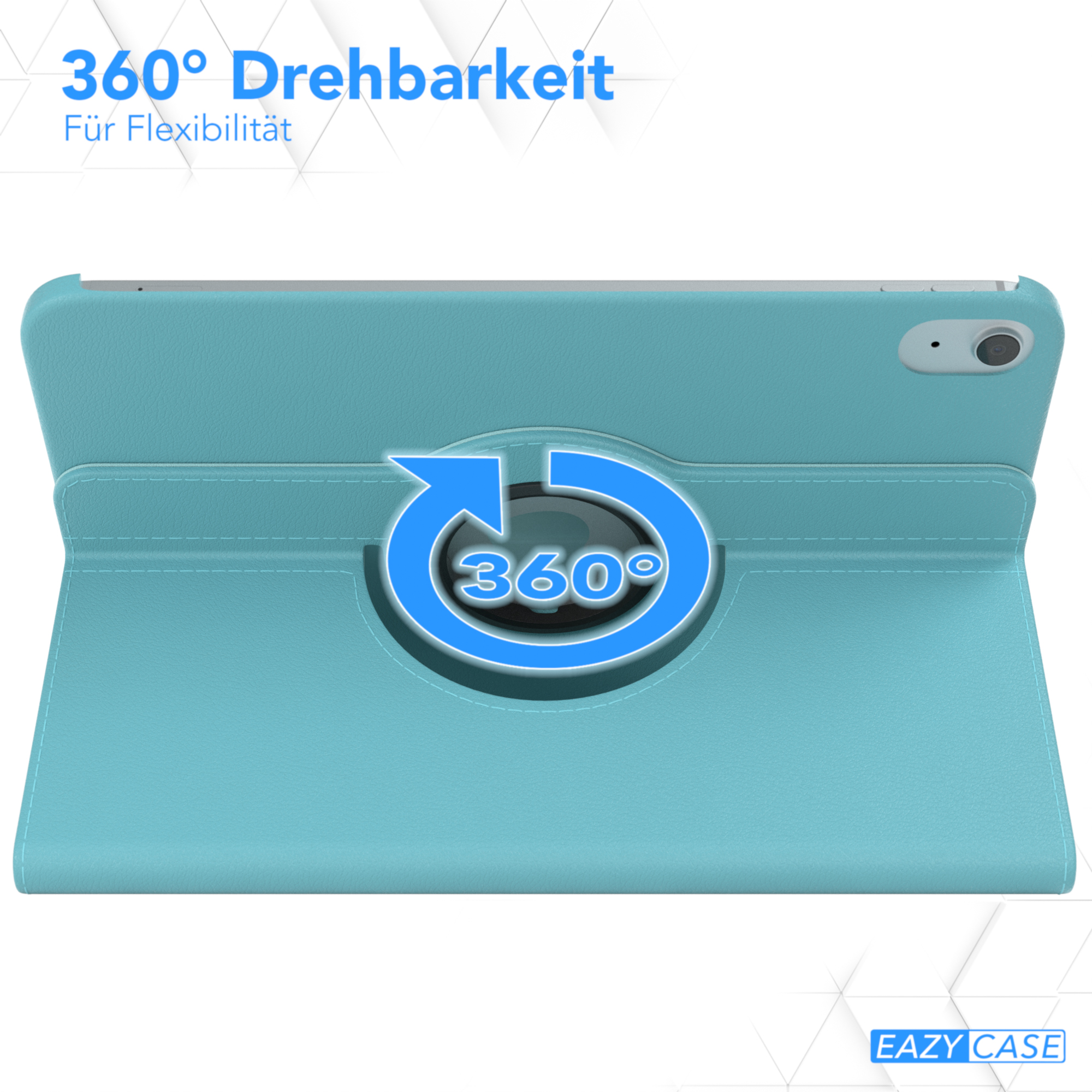 Türkisfarbene Tablet-Hülle mit Drehfunktion, Rückseite und EAZY CASE Logo.