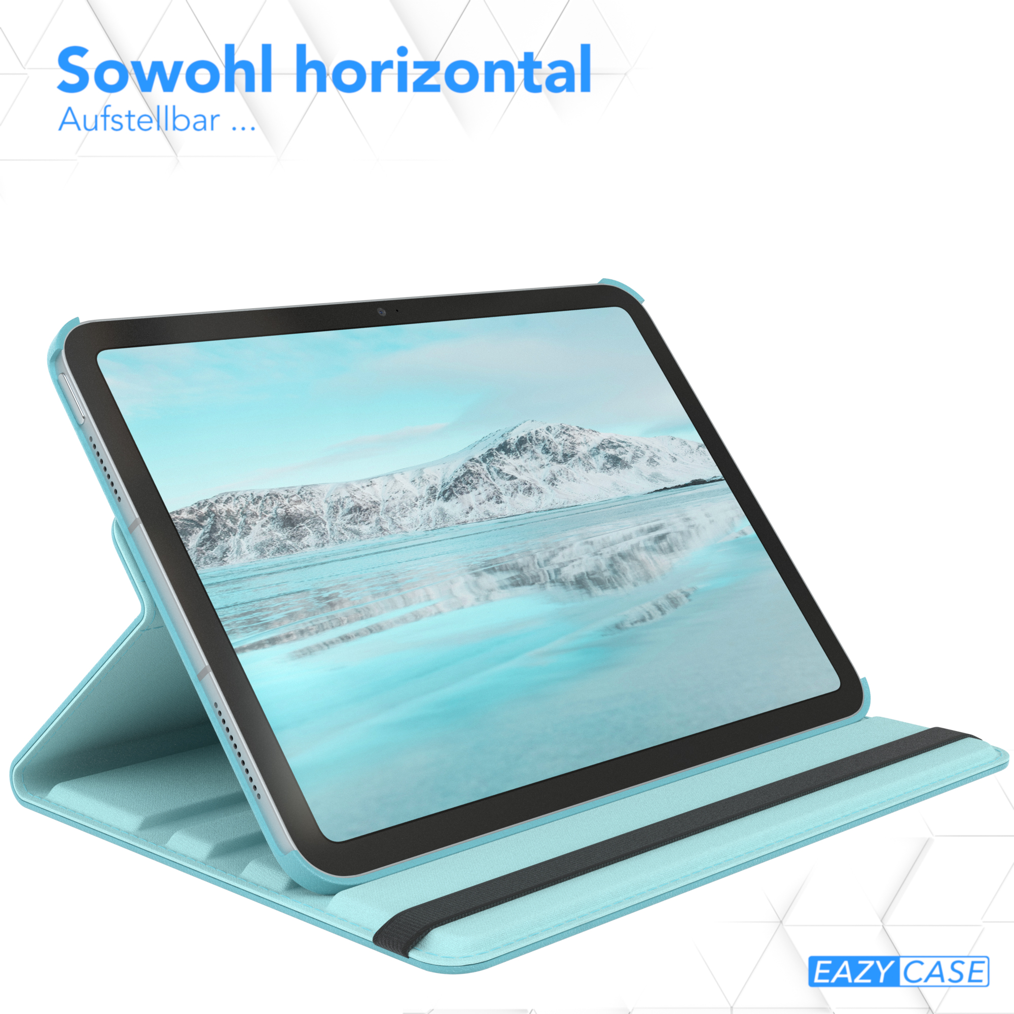 Tablet in blauer Hülle, aufgestellt. Strand auf dem Bildschirm, Markenname.