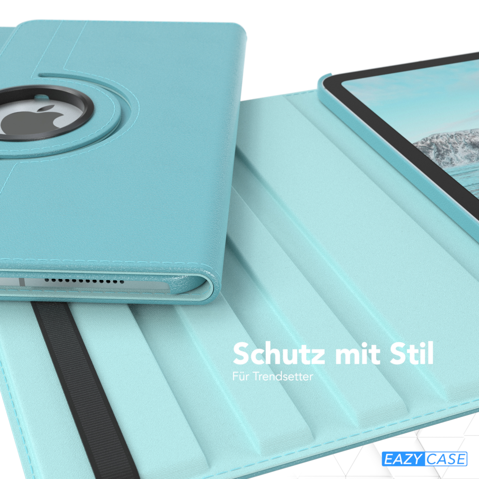 Hellblaues Tablet in hellblauem Gehäuse mit 360-Grad-Drehring.