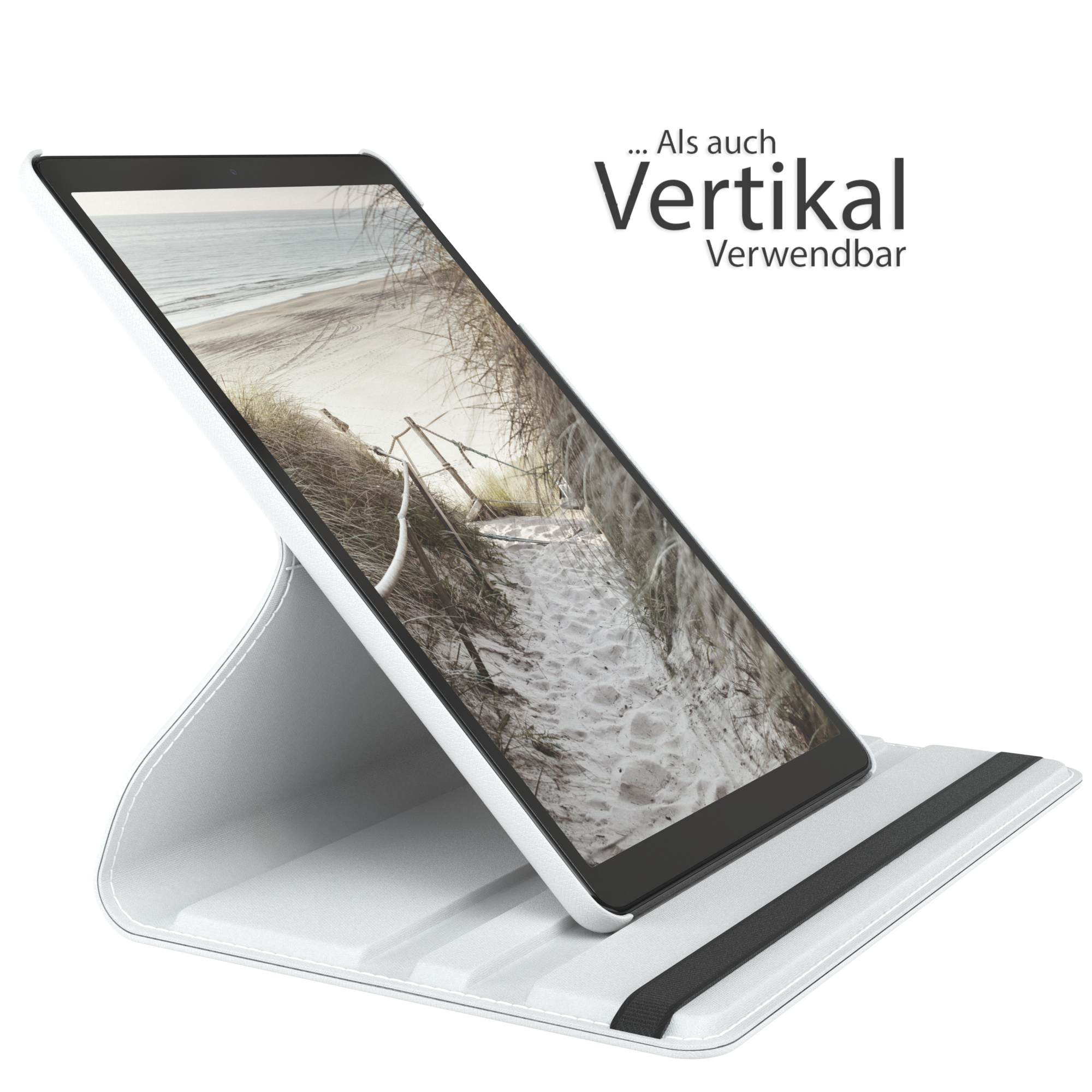 Weißes Tablet in weißer Hülle, nach oben abgewinkelt. Strandfoto auf dem Bildschirm. Text: 'Vertikal'.