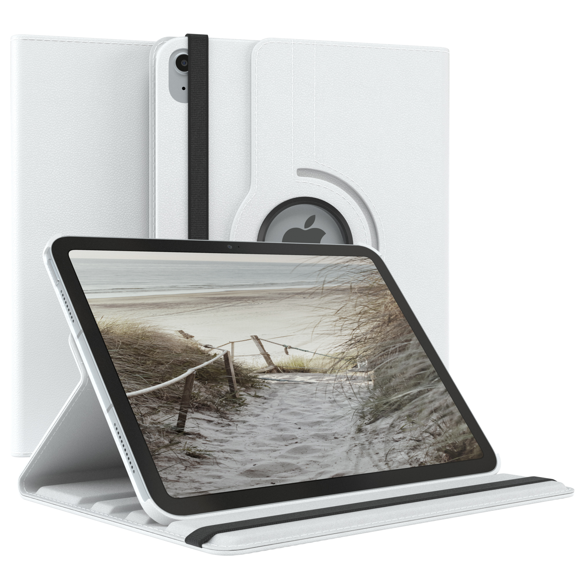 Weißes Tablet in weißer Hülle, Bildschirm zeigt Strand. Die Hülle hat einen schwarzen Riemen.