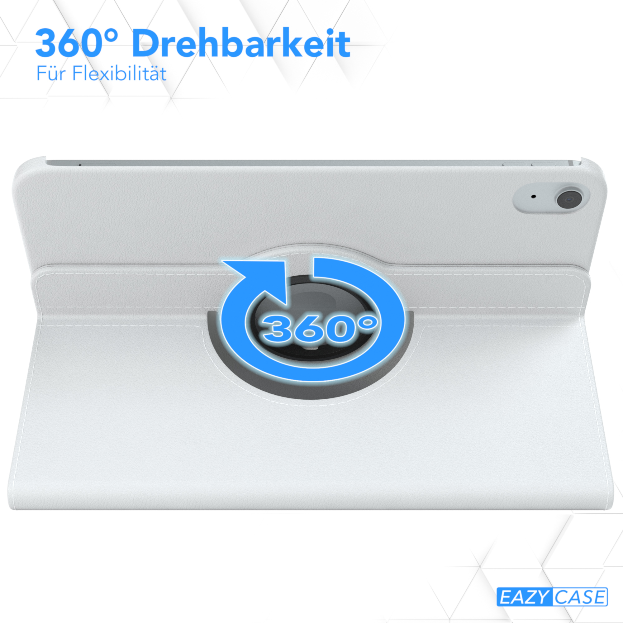 Weißes Tablet in Hülle mit 360° Drehung. Hülle offen, Tablet sichtbar. Text: 'EAZY CASE'.