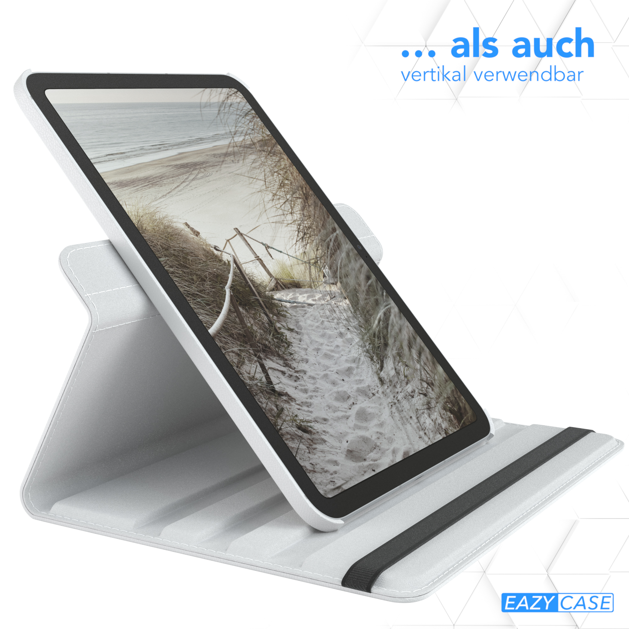 Ein Tablet wird in einer grauen Hülle gehalten, abgewinkelt. Der Bildschirm zeigt eine Strandwegszene.