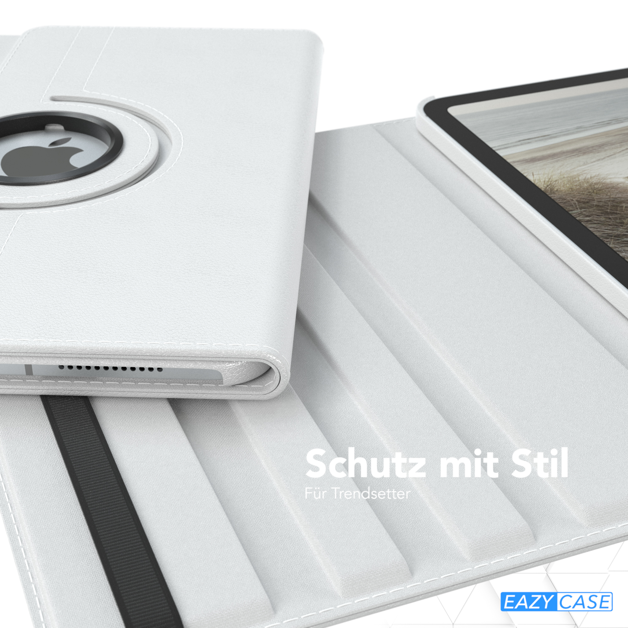 Eine weiße Tablet-Hülle. Die Hülle ist offen und ein Tablet ist darin. EAZY CASE steht unten.