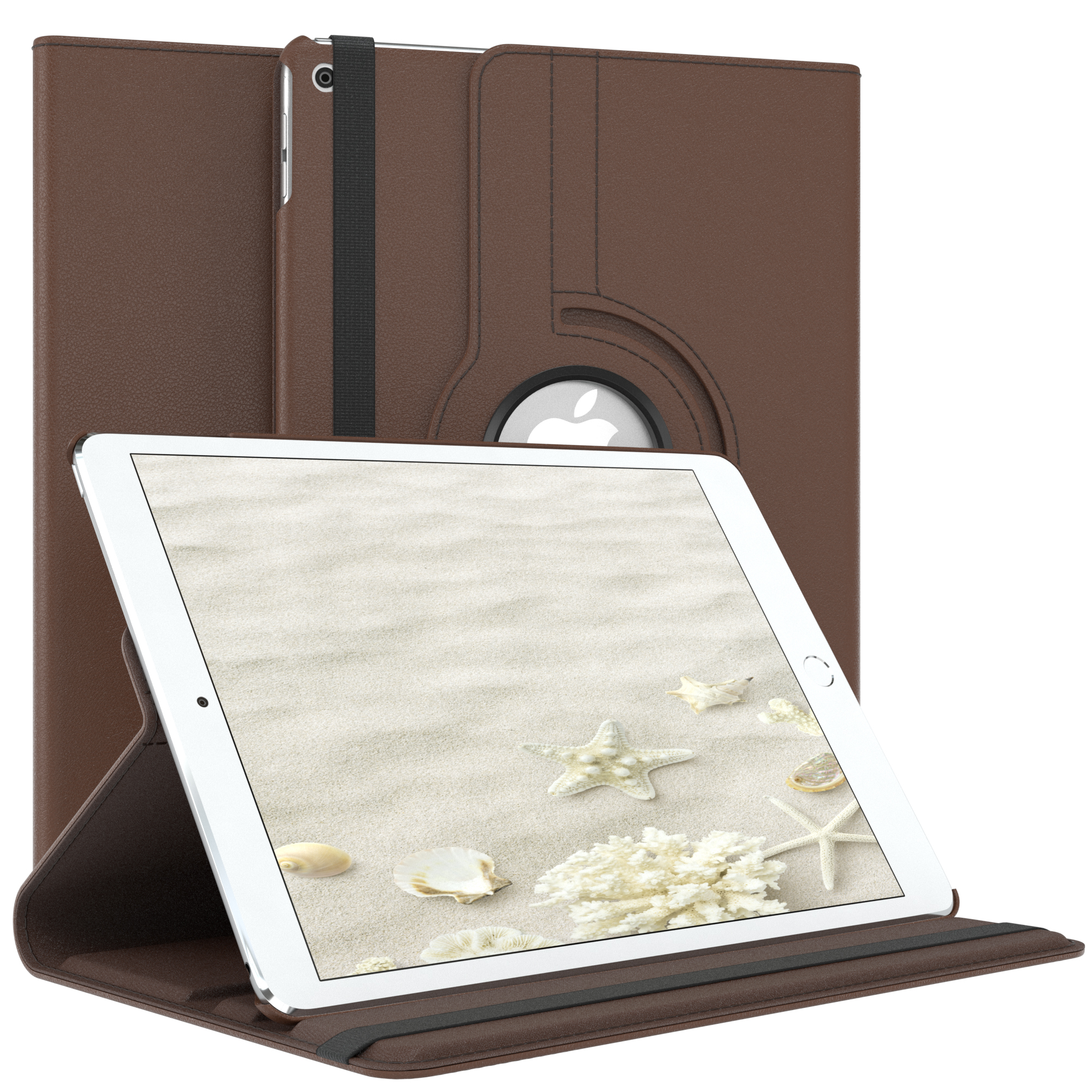 Braune Tablet-Hülle mit Tablet, das eine Strandszene zeigt. Der Hintergrund hat eine zweite geschlossene Hülle.