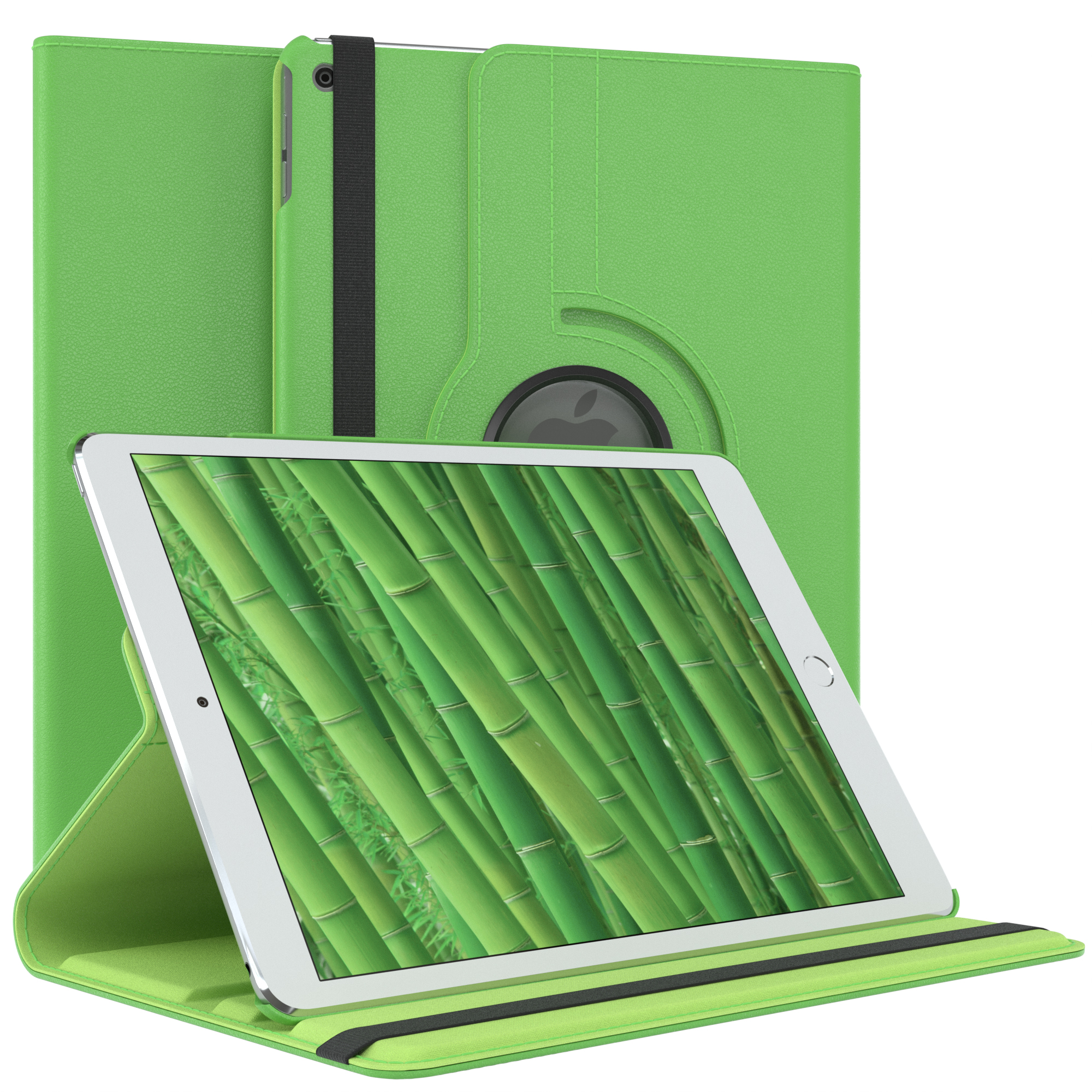 Grüne Tablet-Hülle mit Tablet, das Bambus zeigt. Schwarzer Riemen und Hintergrund.