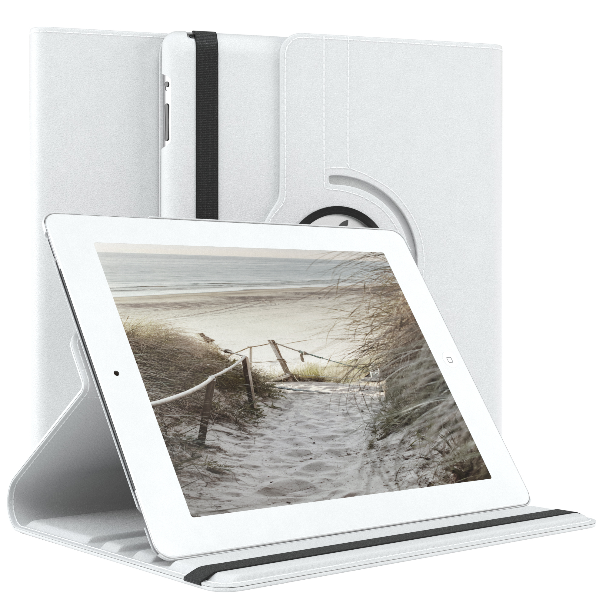 Ein weißes Tablet in einer weißen Hülle, offen. Die Hülle hat einen Ständer, das Tablet zeigt Strandbild.