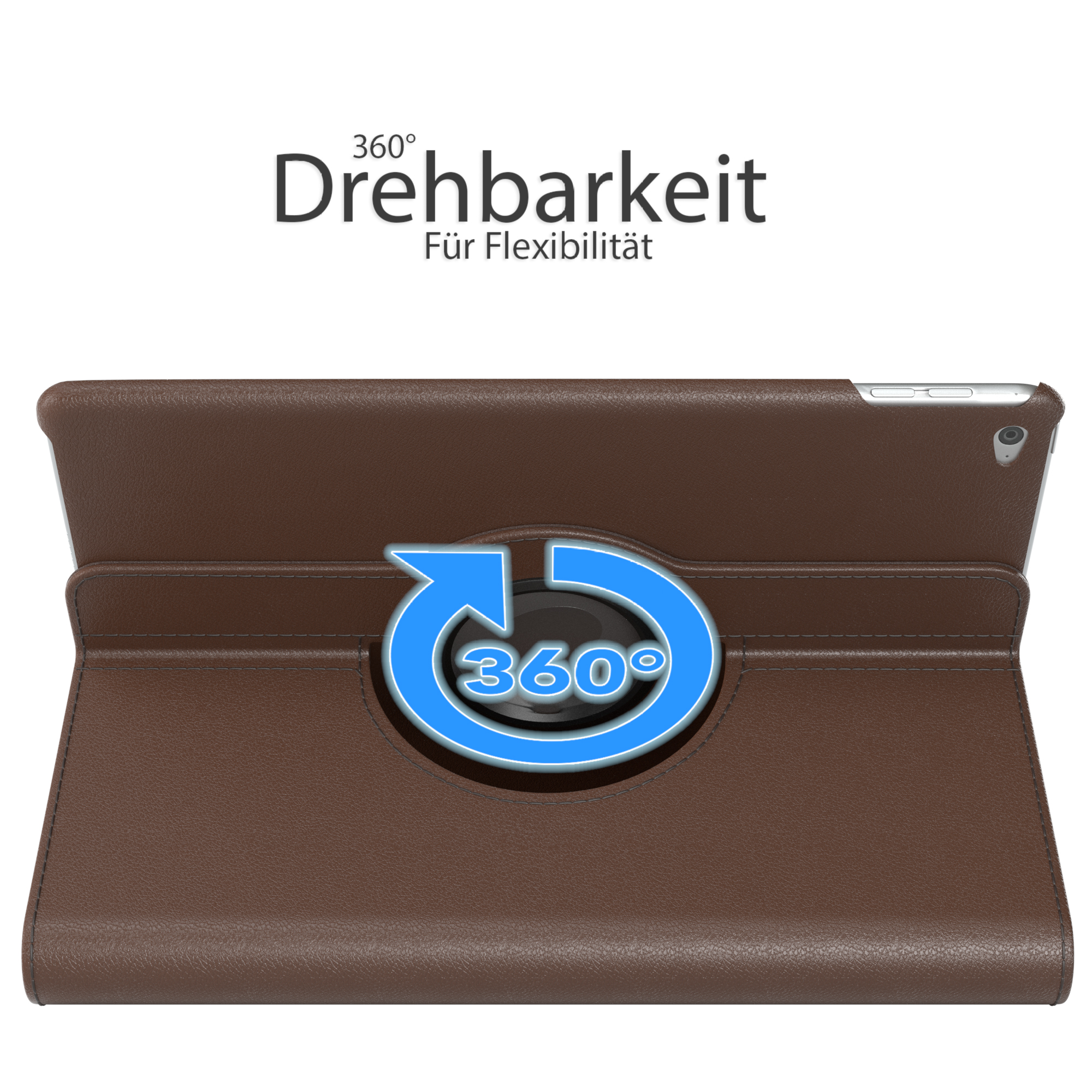 Eine braune Tablethülle mit Drehmechanismus, zeigt ein 360°-Symbol, auf weißem Hintergrund.
