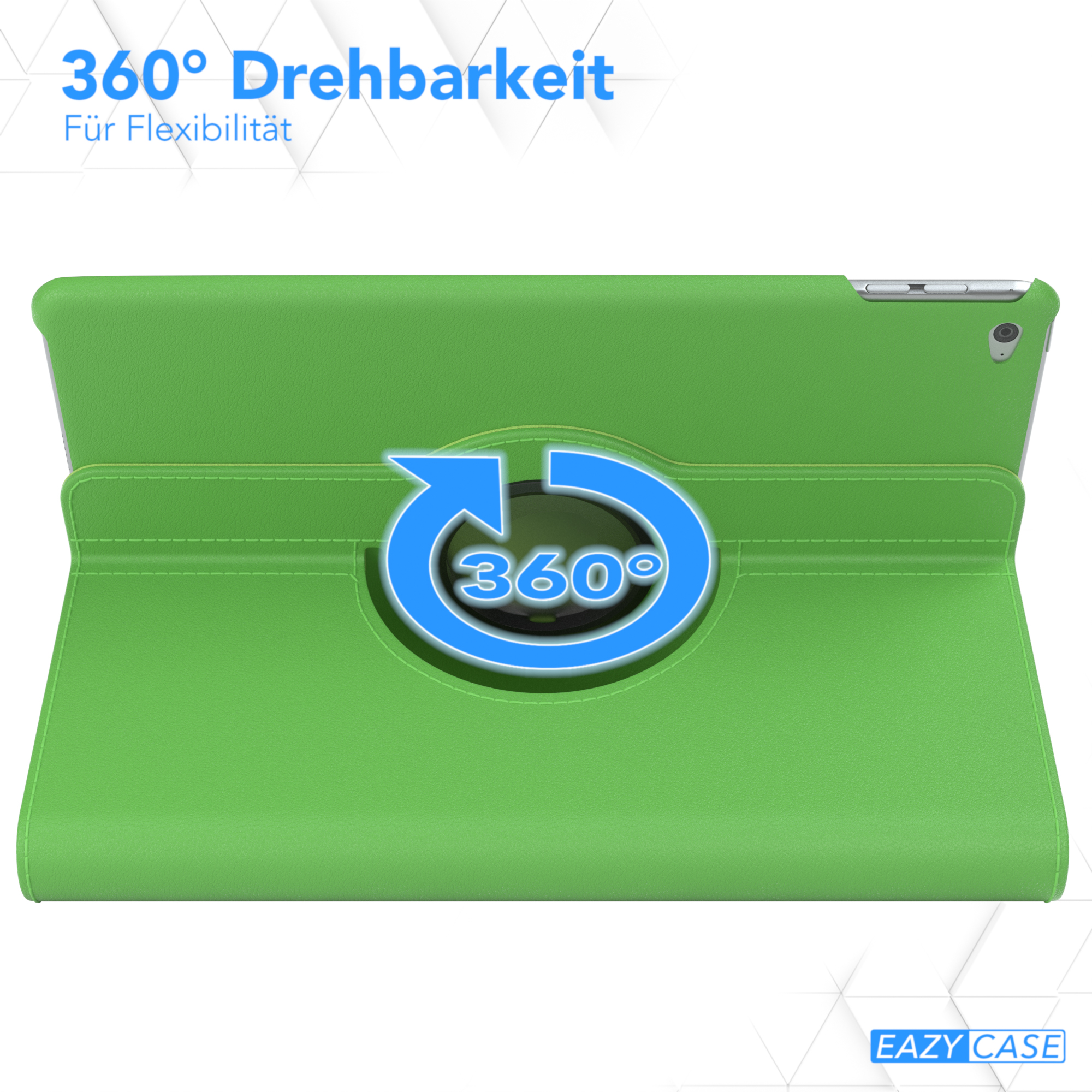 Grüne Tablethülle mit 360-Grad-Drehfunktion. Das Tablet ist geöffnet und zeigt einen Bildschirm. Blaue Pfeilgrafik.