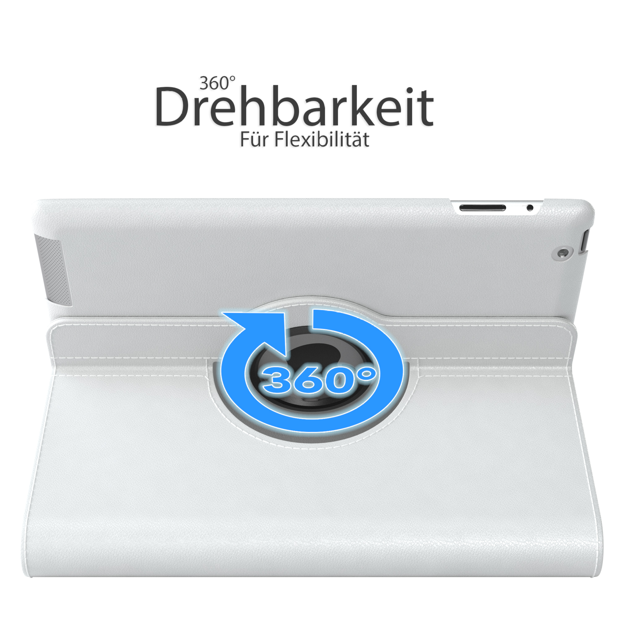 Eine weiße Tablet-Hülle mit 360°-Drehfunktion. Der Bildschirm zeigt eine Pfeilgrafik.