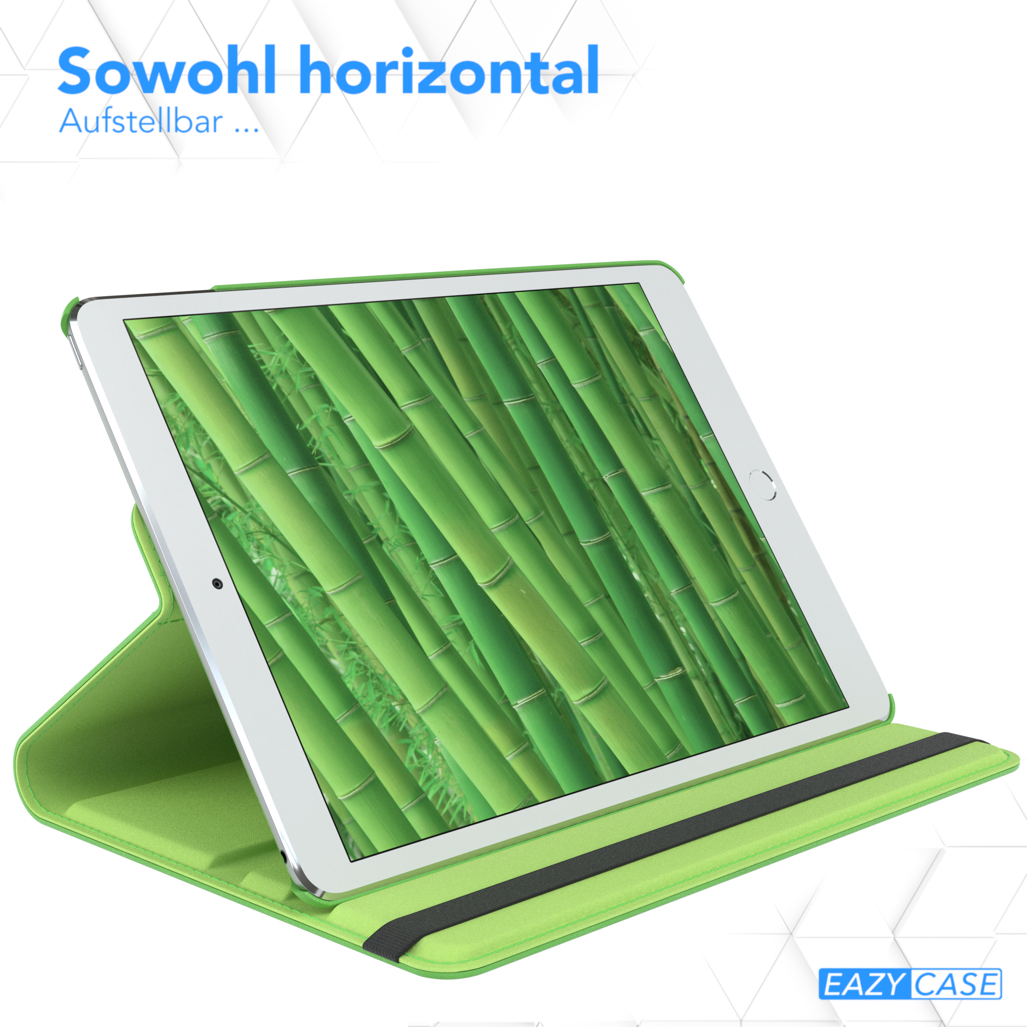 Tablet in einer grünen Hülle, die ein Bambuswald-Bild zeigt. Das Gehäuse ist geöffnet und abgewinkelt.