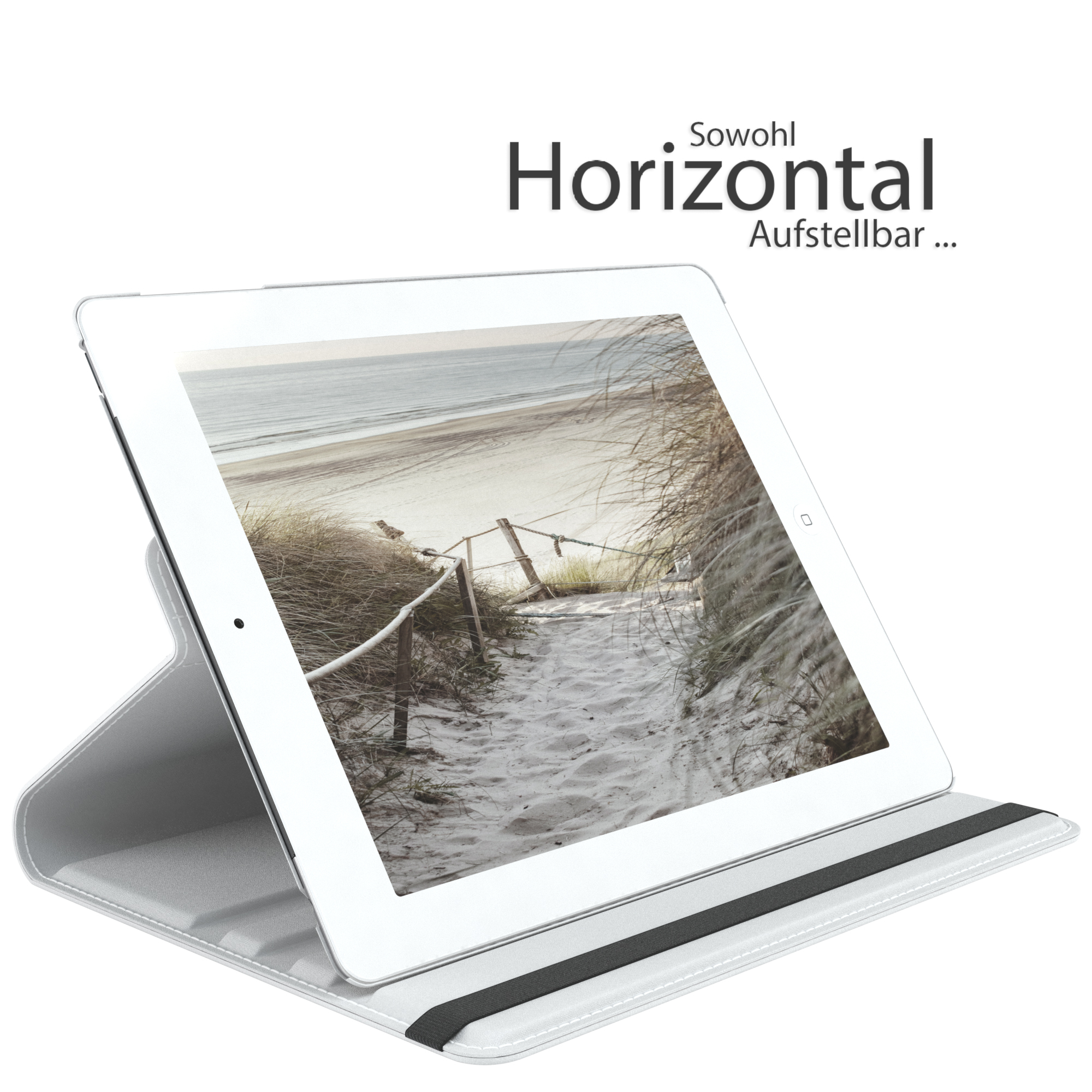 Weißes Tablet in weißer Hülle, abgewinkelt. Strand-Szene auf dem Bildschirm. Weißer Hintergrund.