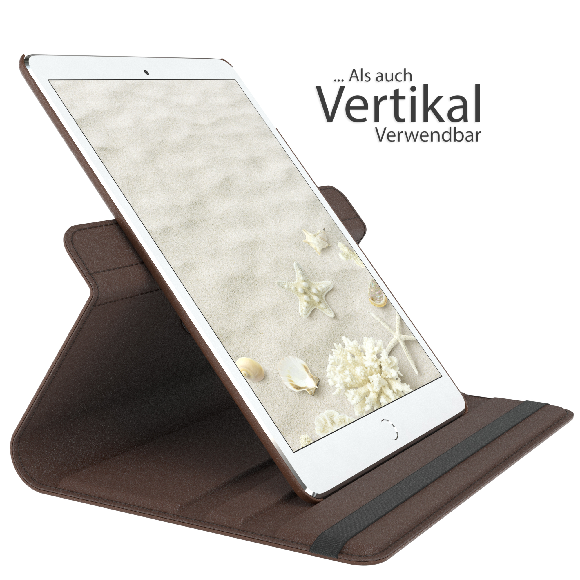 Ein Tablet in einer braunen Hülle, hochgestellt. Der Bildschirm zeigt eine Strandszene mit Muscheln und Seesternen.