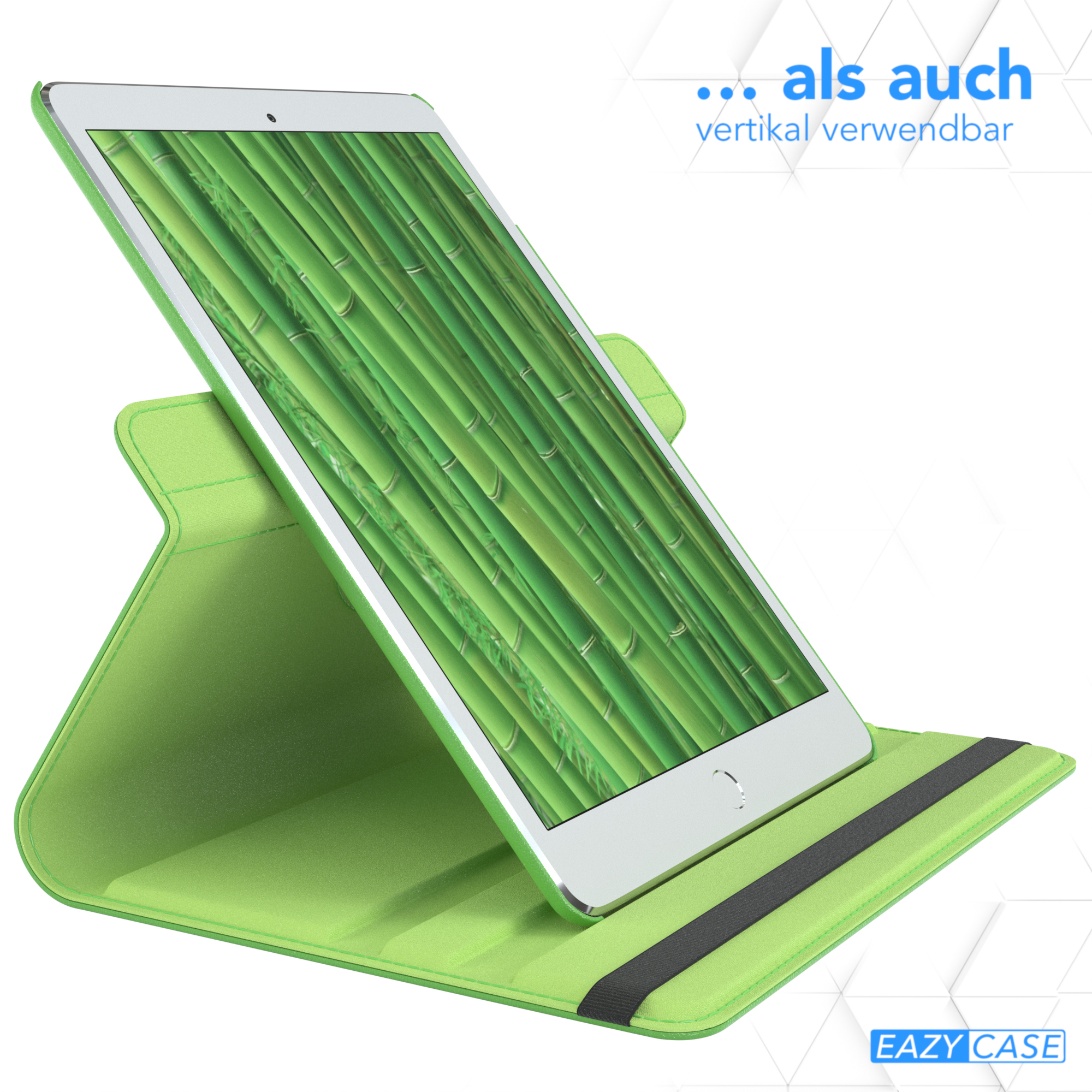 Grünes Tablet in einem grünen Ständer, mit grünem Bambushintergrund. Text auf Deutsch oben.