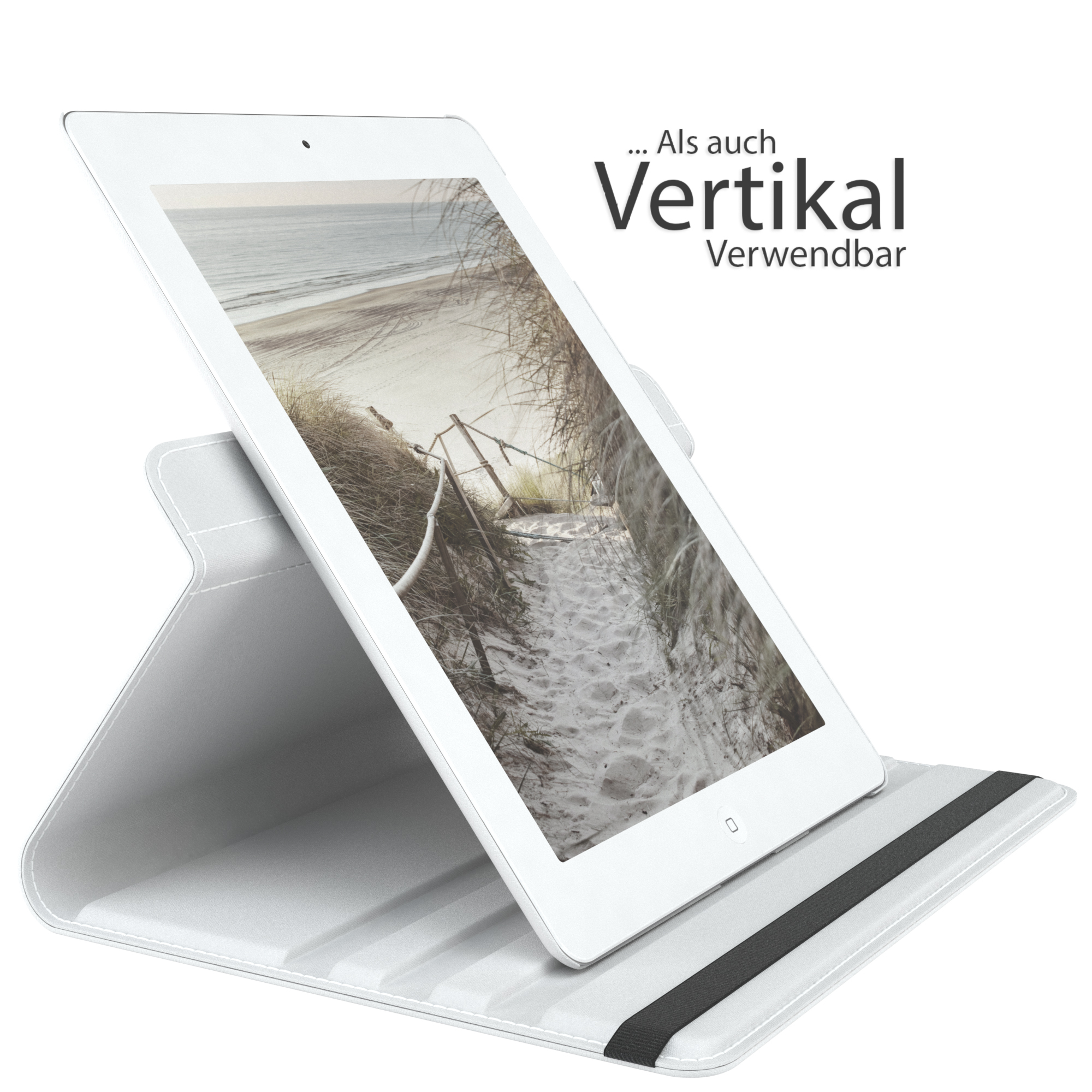 Tablet in weißer Hülle, zeigt eine Strandszene mit einem Pier.