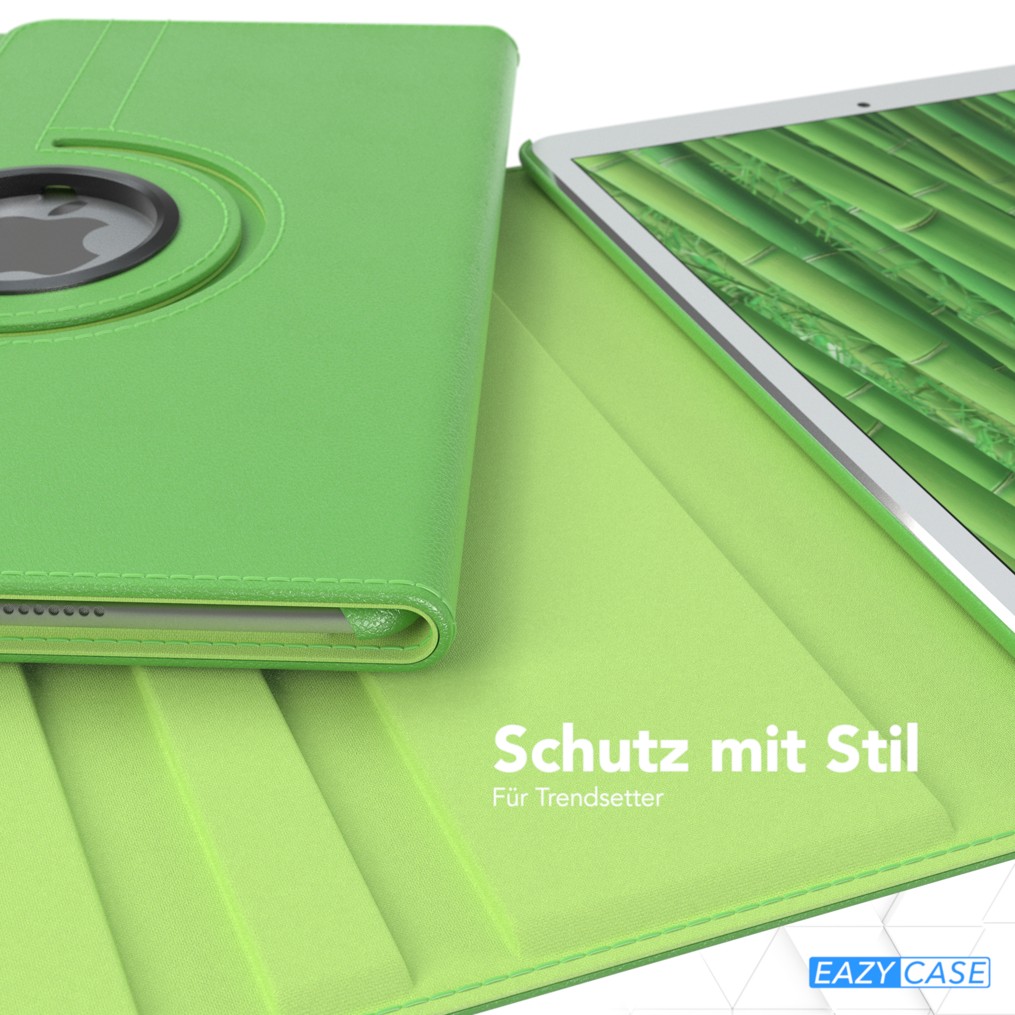Eine grüne Tablethülle ist geöffnet und zeigt das Tablet. Der Hintergrund zeigt ein Bambusmuster.