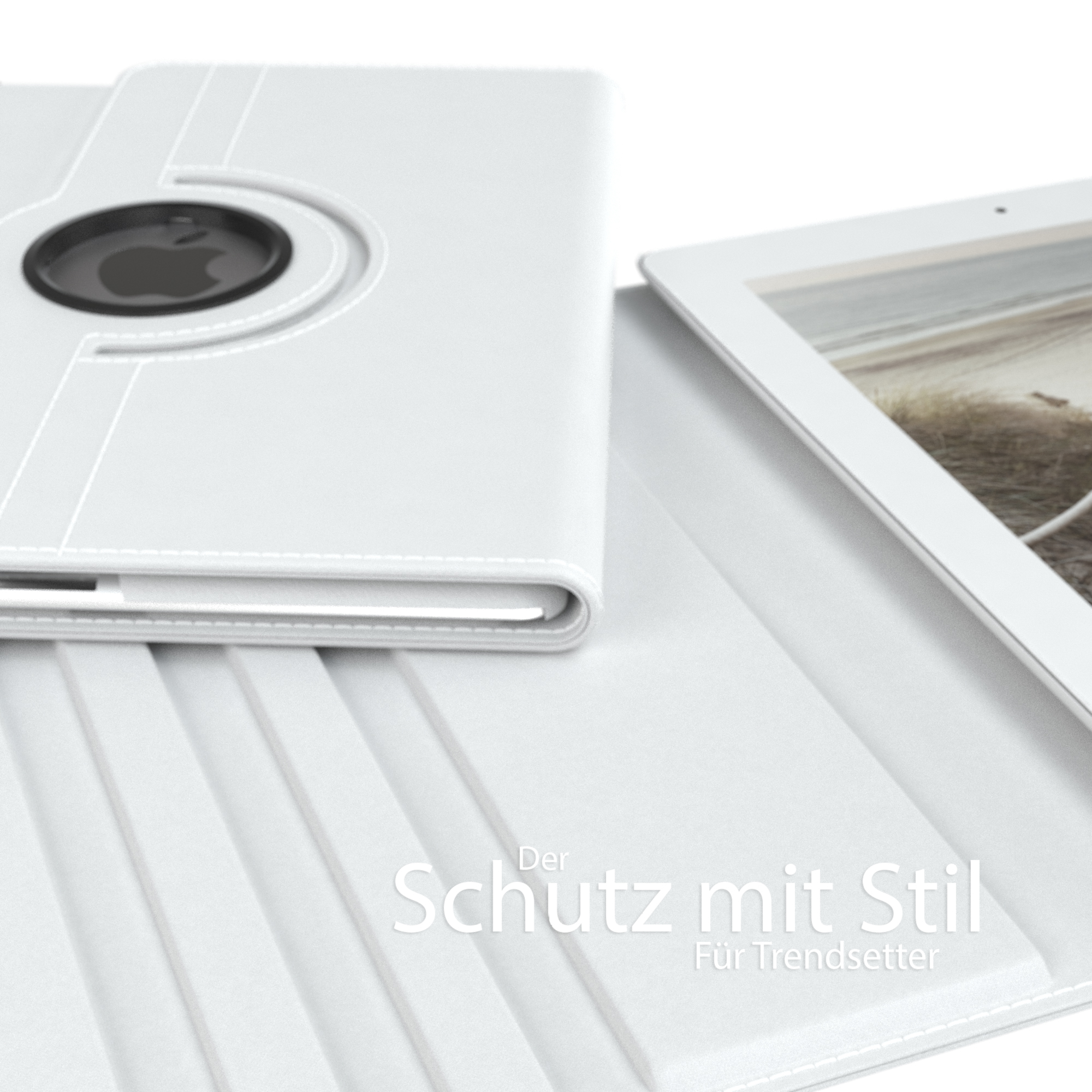 Weiße Tablet-Hülle mit schwarzem Logo oben. Geöffnete Hülle auf weißer Oberfläche.
