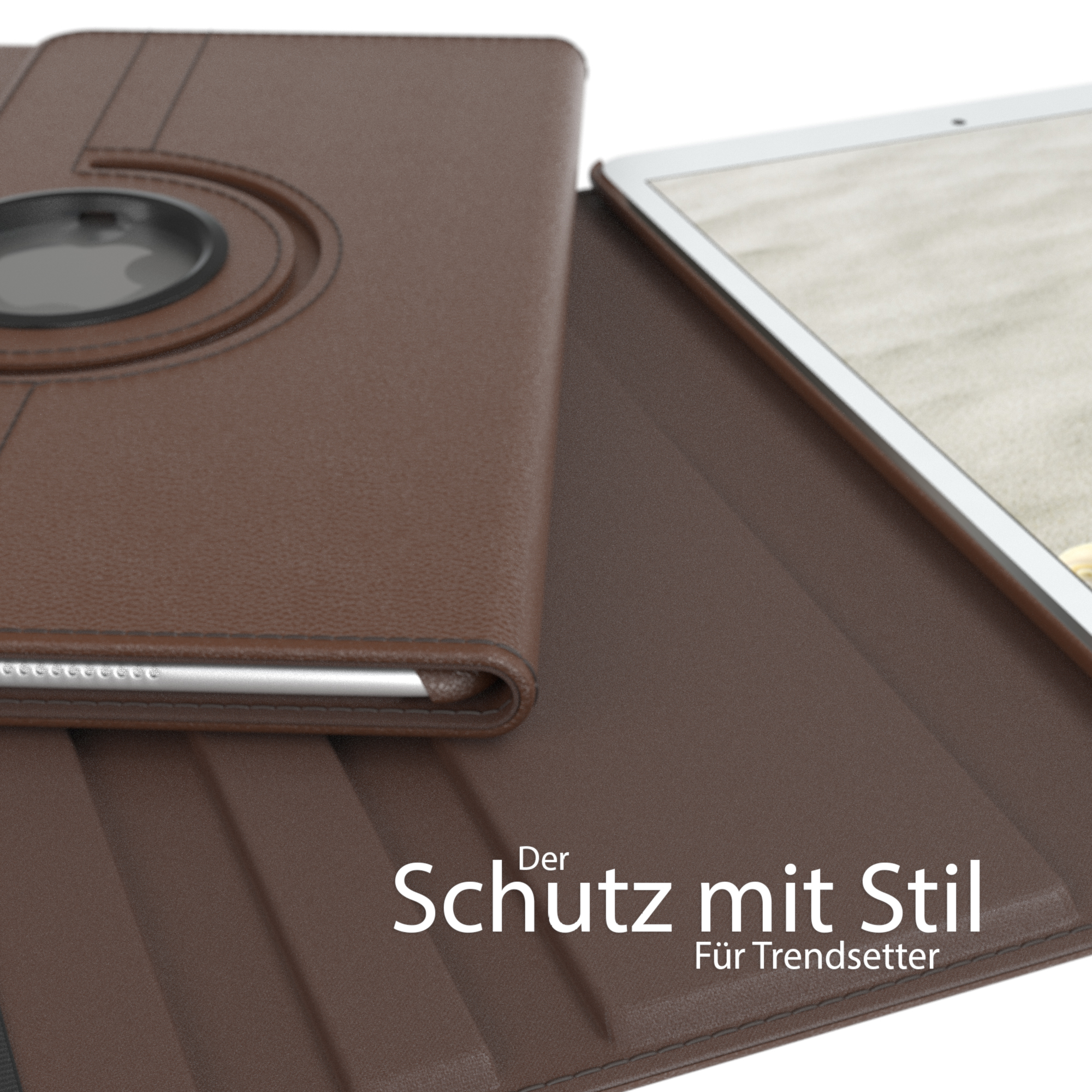 Eine braune Leder-Tablethülle, offen. Text auf dem Cover lautet "Schutz mit Stil"