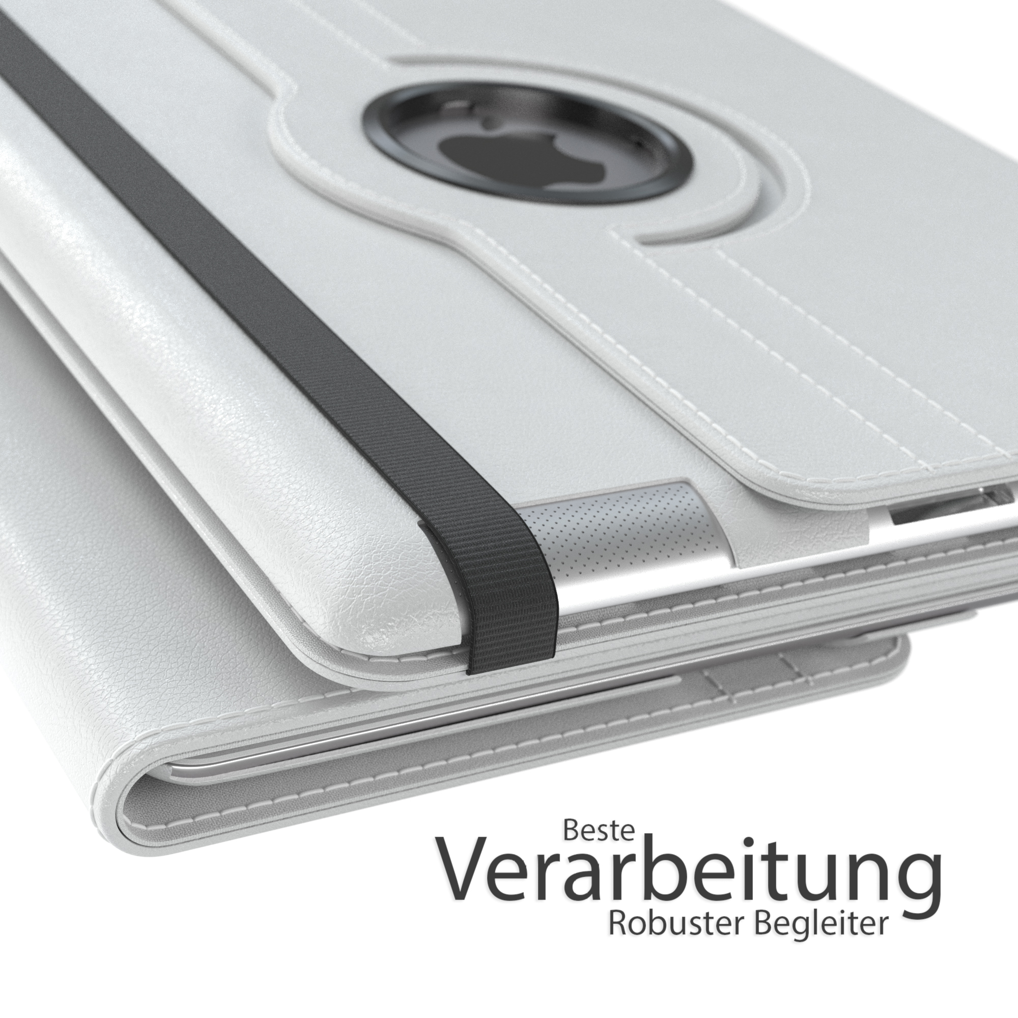 Eine weiße Tablethülle mit einem schwarzen Gummiband. Der Text 'Beste Verarbeitung' ist sichtbar.