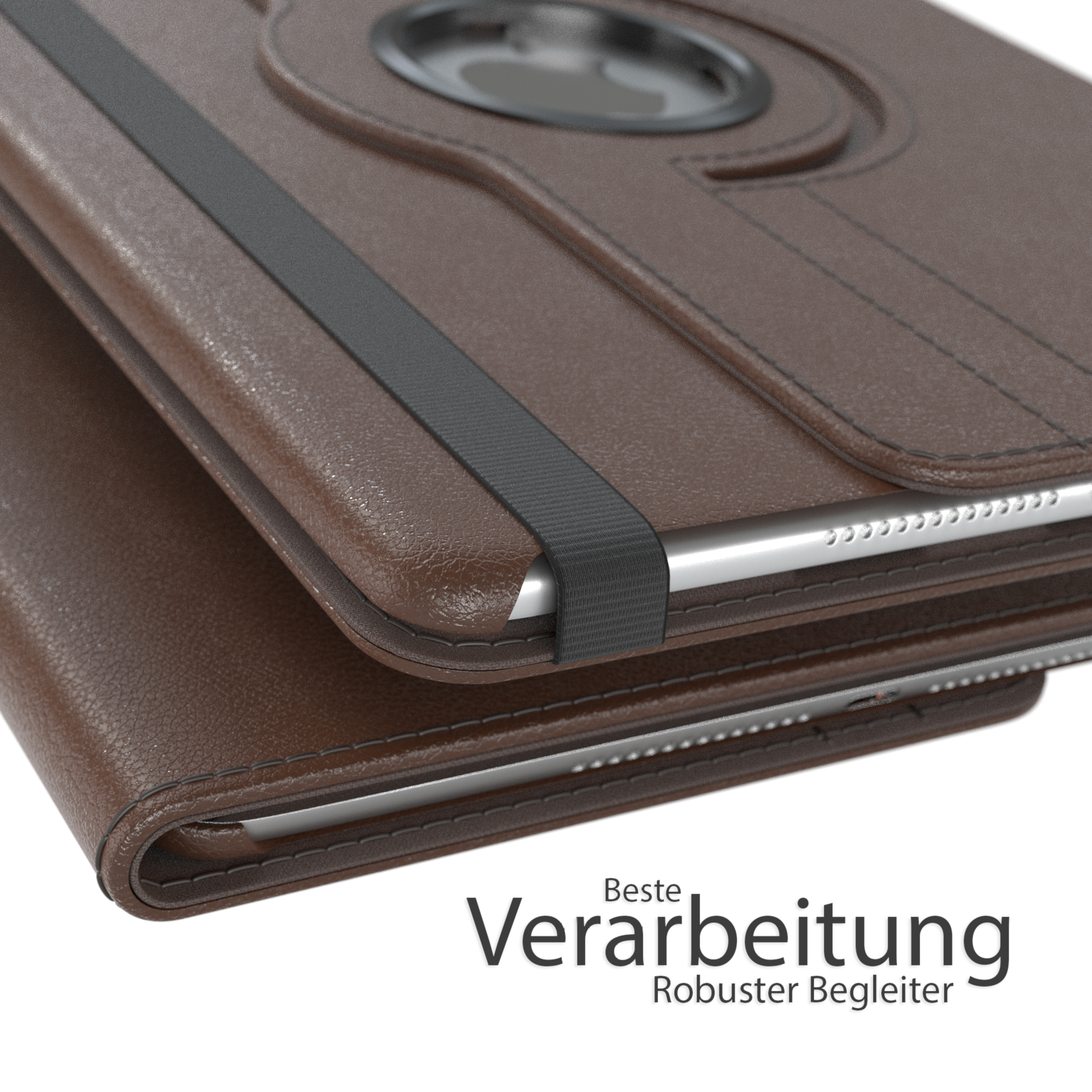 Braune Tablethülle mit schwarzem Riemen. Das Tablet ist geöffnet und zeigt einen Bildschirm. Die Oberseite der Hülle ist sichtbar.
