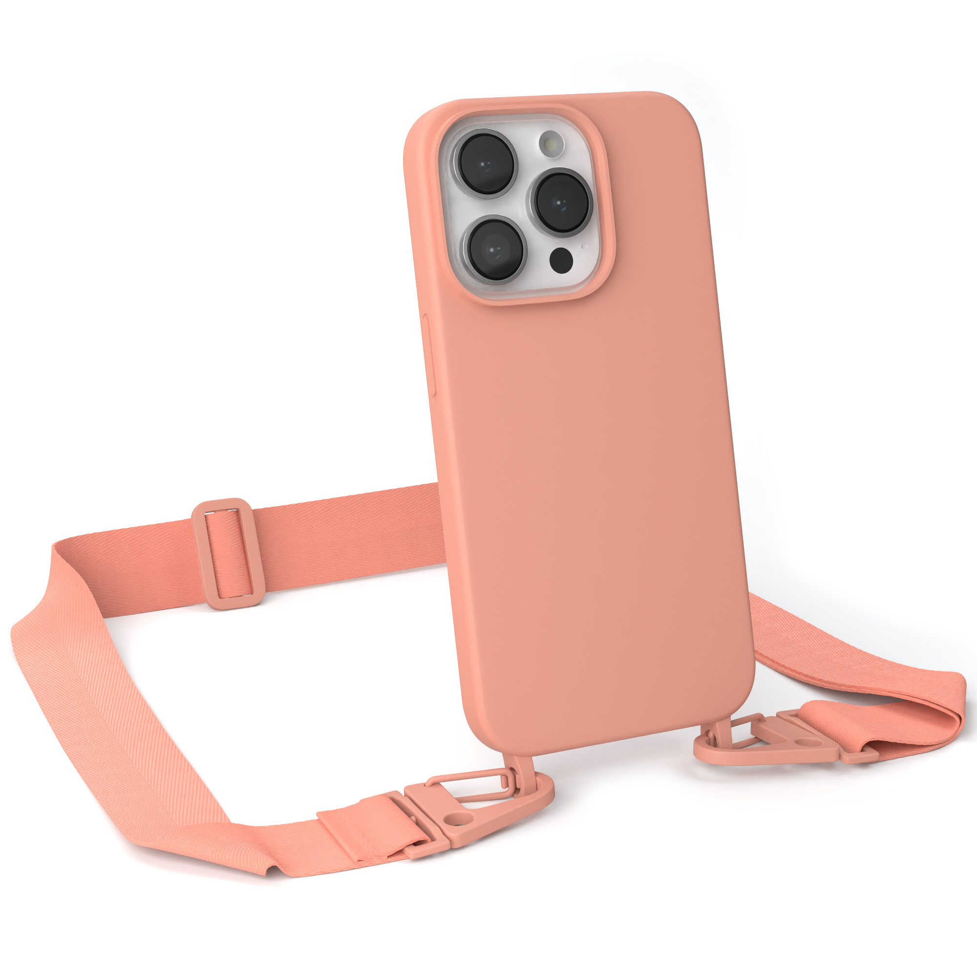 Rosa Handyhülle mit Riemen. Telefon ist in der Hülle. Weißer Hintergrund.