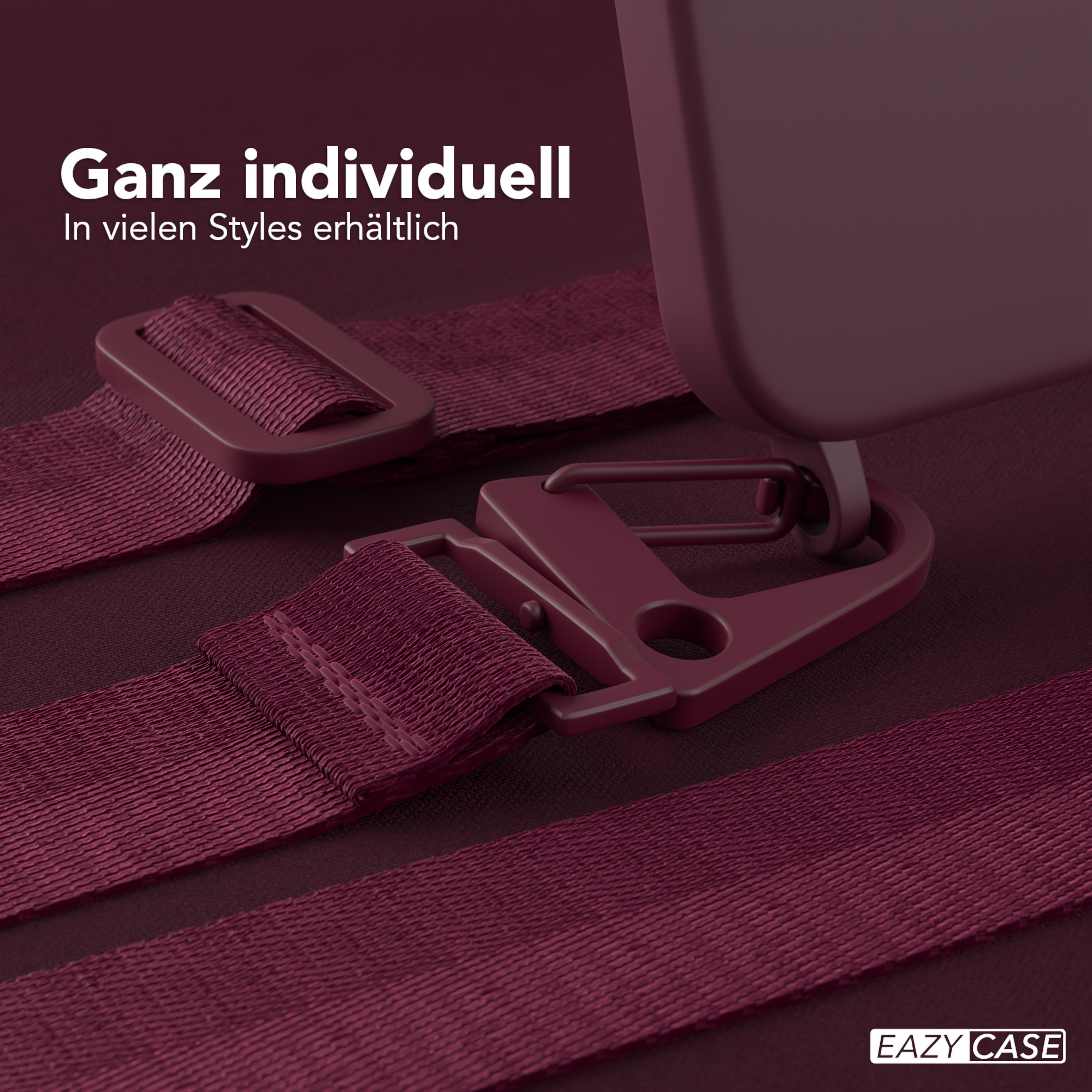 Burgunderfarbene Handyriemen und Hülle auf dunklem Hintergrund. Text: Ganz individuell. In vielen Styles erhältlich.