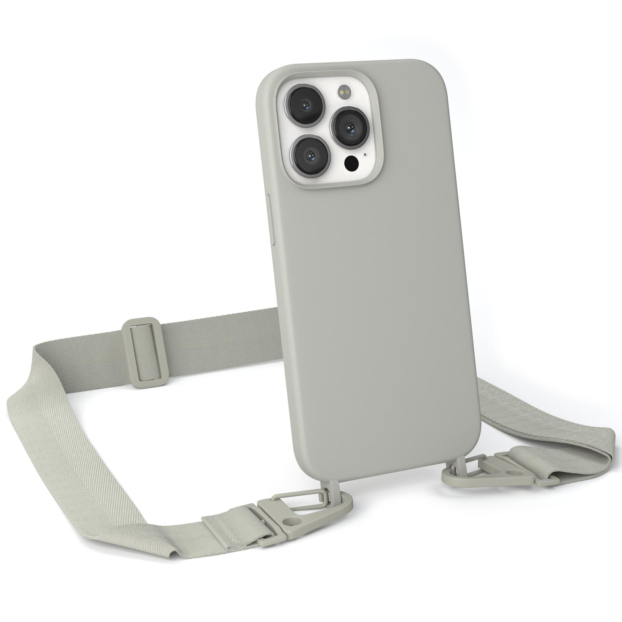 EAZY CASE Handy Apple, Pro, 13 Premium Taupe Grau mit Beige Breit Kette Umhängetasche, Hülle, Silikon iPhone Karabiner 