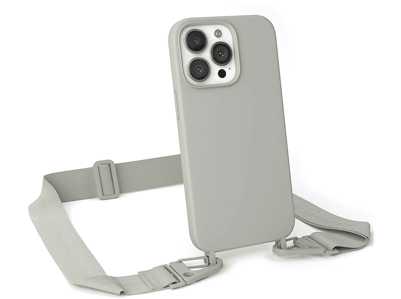 EAZY CASE Handy Kette Breit mit Karabiner Premium Silikon Hülle, Umhängetasche, Apple, iPhone 13 Pro, Beige Grau / Taupe