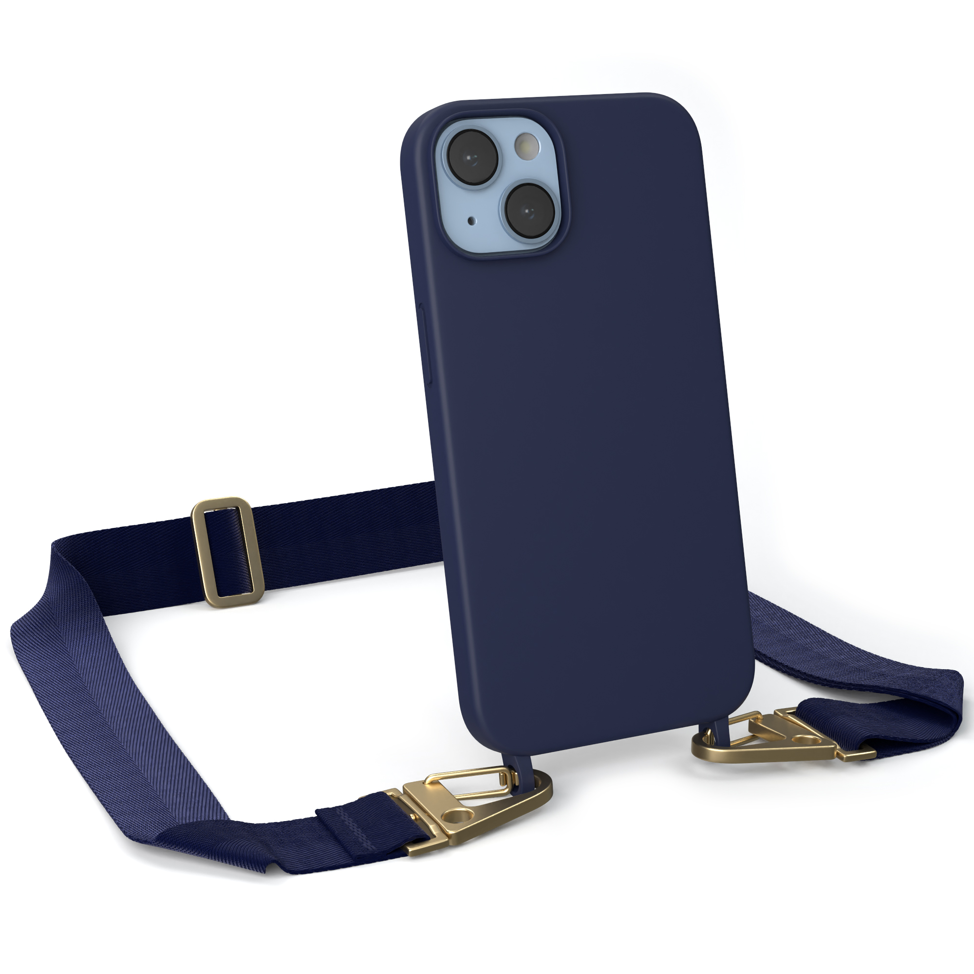 14, Gold Apple, Breit Handy Karabiner / iPhone mit Dunkel Silikon Hülle, EAZY Premium Blau CASE Kette Umhängetasche,
