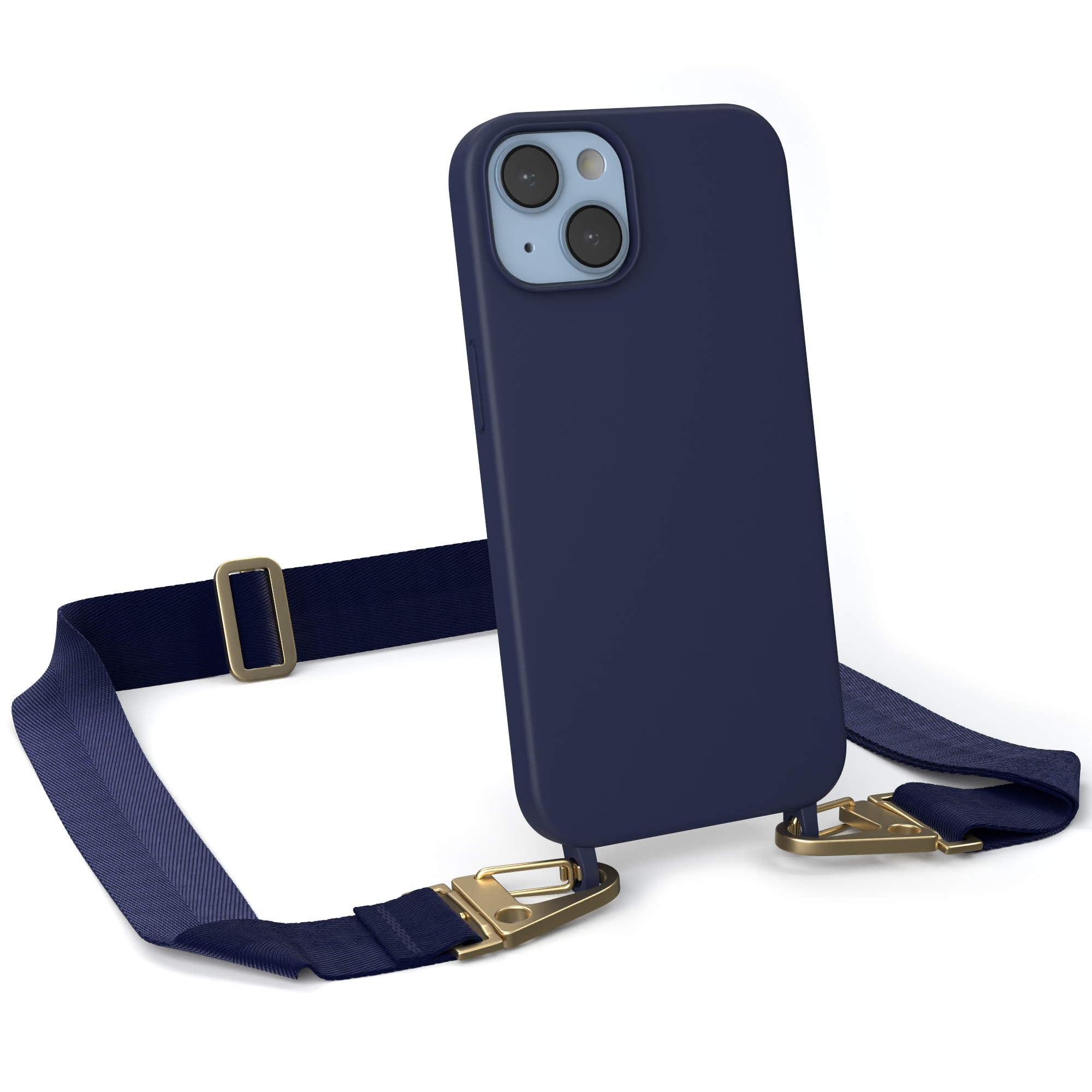 Marineblaues Telefon mit Riemen. Goldene Hardware. Weißer Hintergrund. Handyhülle.