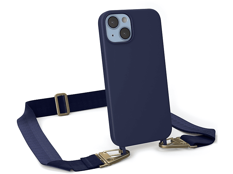 EAZY CASE Handy Kette Breit mit Karabiner Premium Silikon Hülle, Umhängetasche, Apple, iPhone 14, Dunkel Blau / Gold