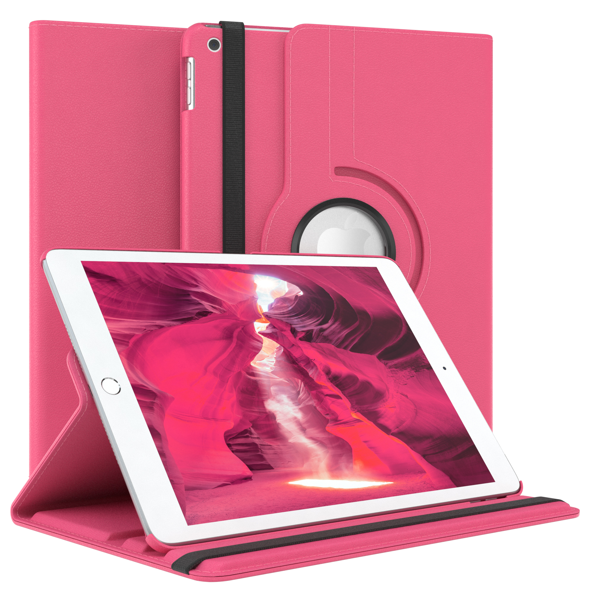 Rosa Tablet in rosa Hülle, Landschaftsansicht. Hintergrundgehäuse aufrecht. Der Bildschirm zeigt eine rosa Felsformation.