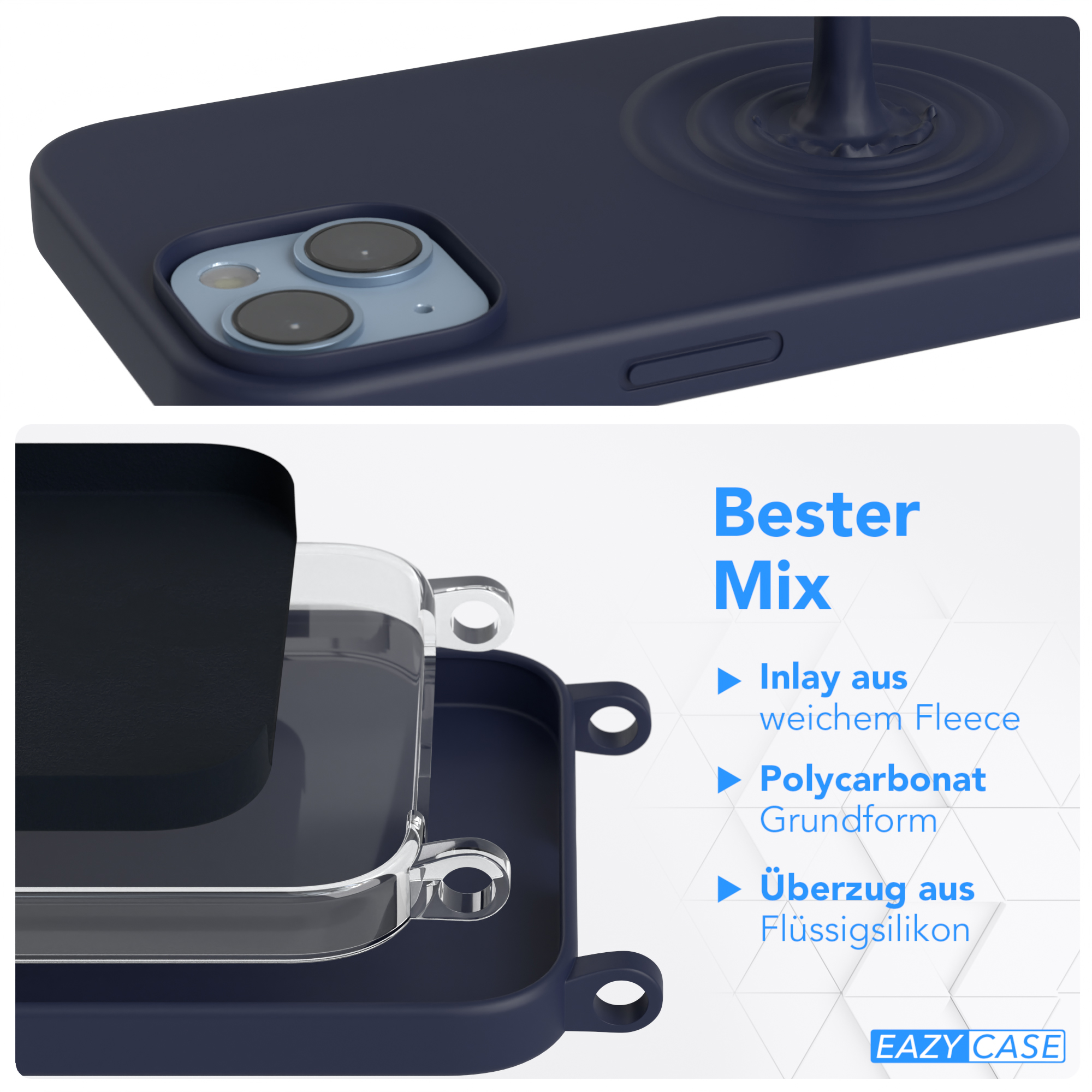EAZY CASE Handy Blau Dunkel Gold iPhone Umhängetasche, Silikon Breit / Karabiner mit Kette Hülle, 14, Apple, Premium