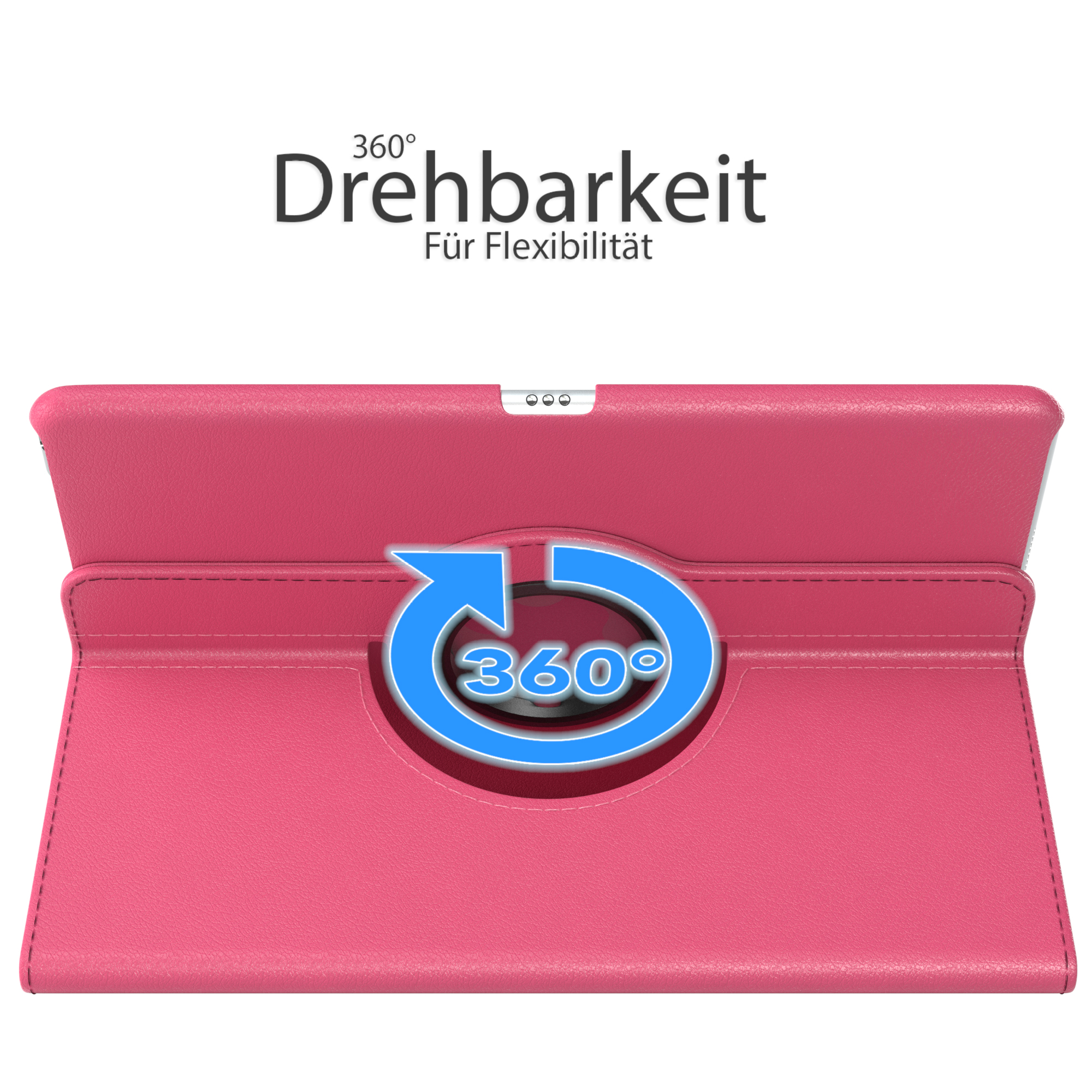 Rosa Tablet-Hülle mit 360-Grad-Drehfunktion, blauem Pfeilsymbol und weißem Hintergrund.